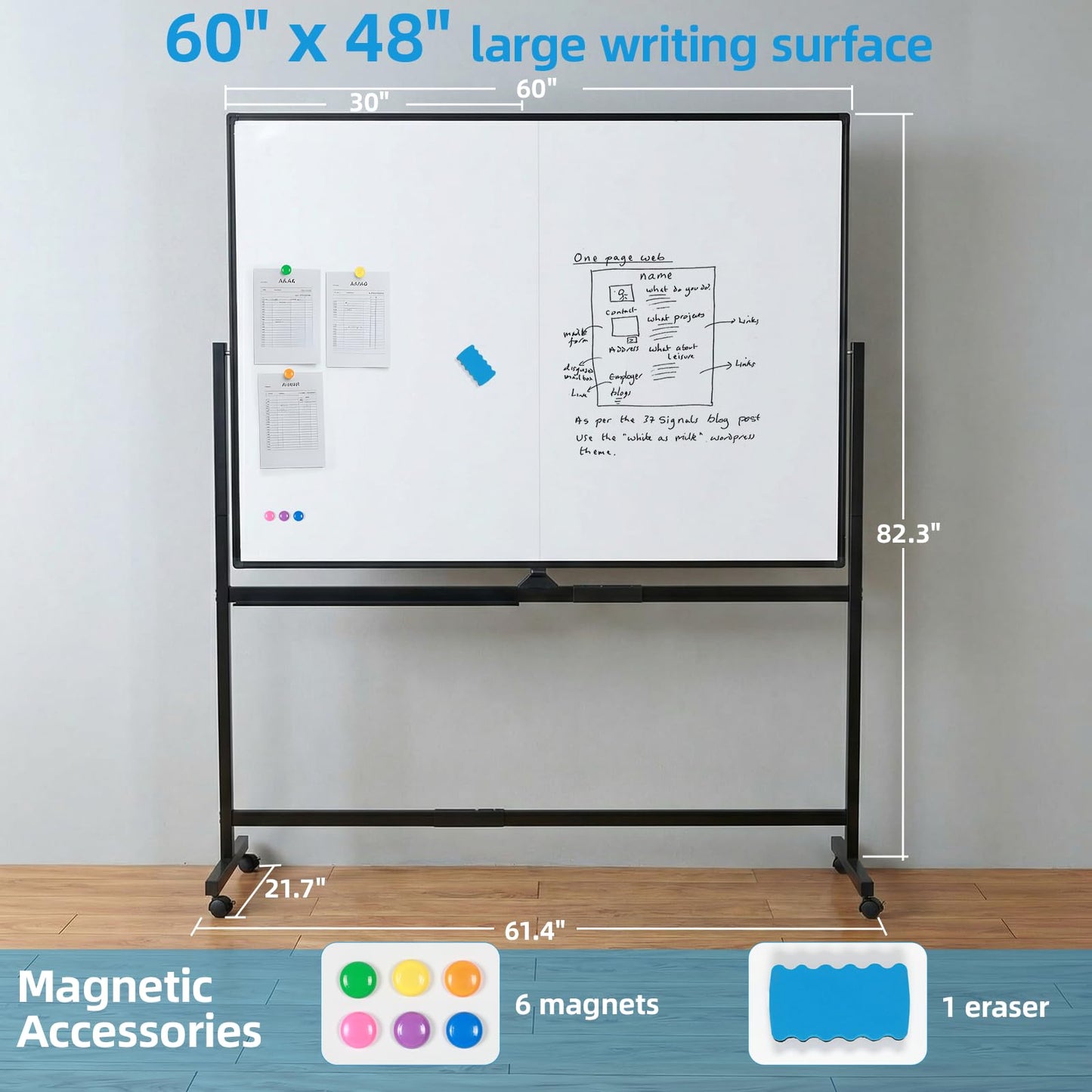 VOWNER Double-Sided Magnetic Whiteboard, 60" x 48" Mobile Dry Erase Board, Reversible Rolling White Board with Aluminum Frame & Stand, for Home Office, Classroom, School, Black