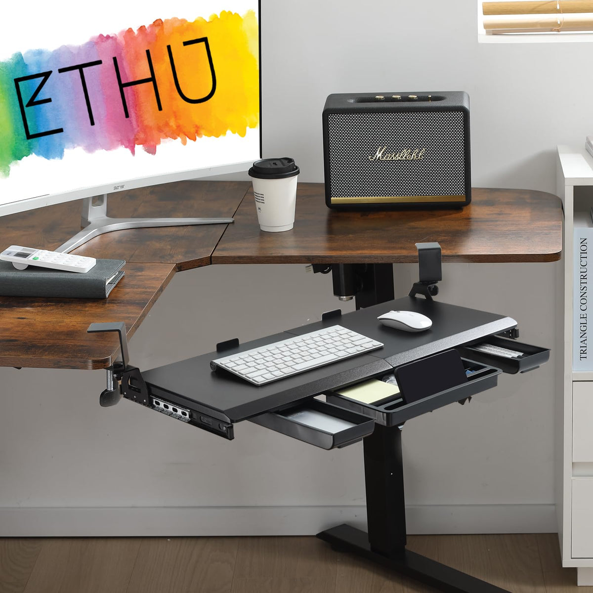 ETHU Keyboard Tray Under Desk, Ergonomic Corner Keyboard Tray with 180° Adjustable C Clamp for L Shape Desk 26.77" X 12.2" Easy to Install, Computer Keyboard Stand for Home and Office(Black)