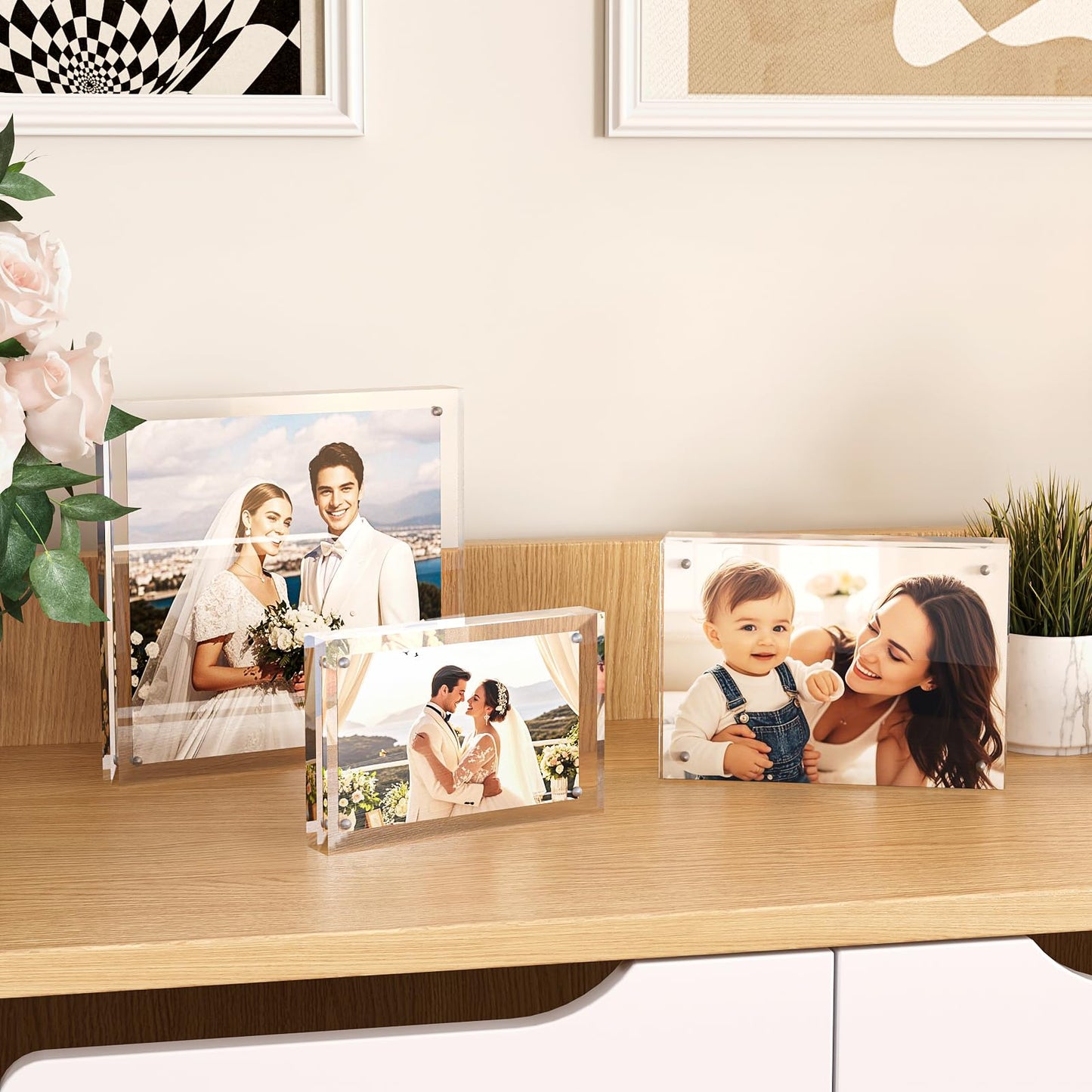 Egofine 4x6 Acrylic Frames 6 Pack, 20mm Thicker Frameless Clear Picture Frames, Double Sided Magnetic Picture Frames, Free Standing Desktop Display