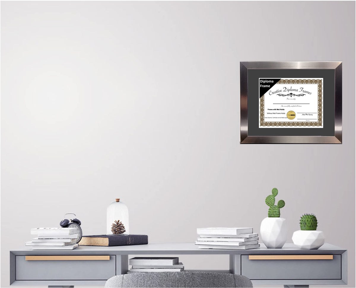 Creative Picture Frames 11” x 14” Stainless Steel Finish Diploma Frame with Black Mat to Hold 8.5 by 11-inch Graduation Documents w/Stand and Wall Hanger