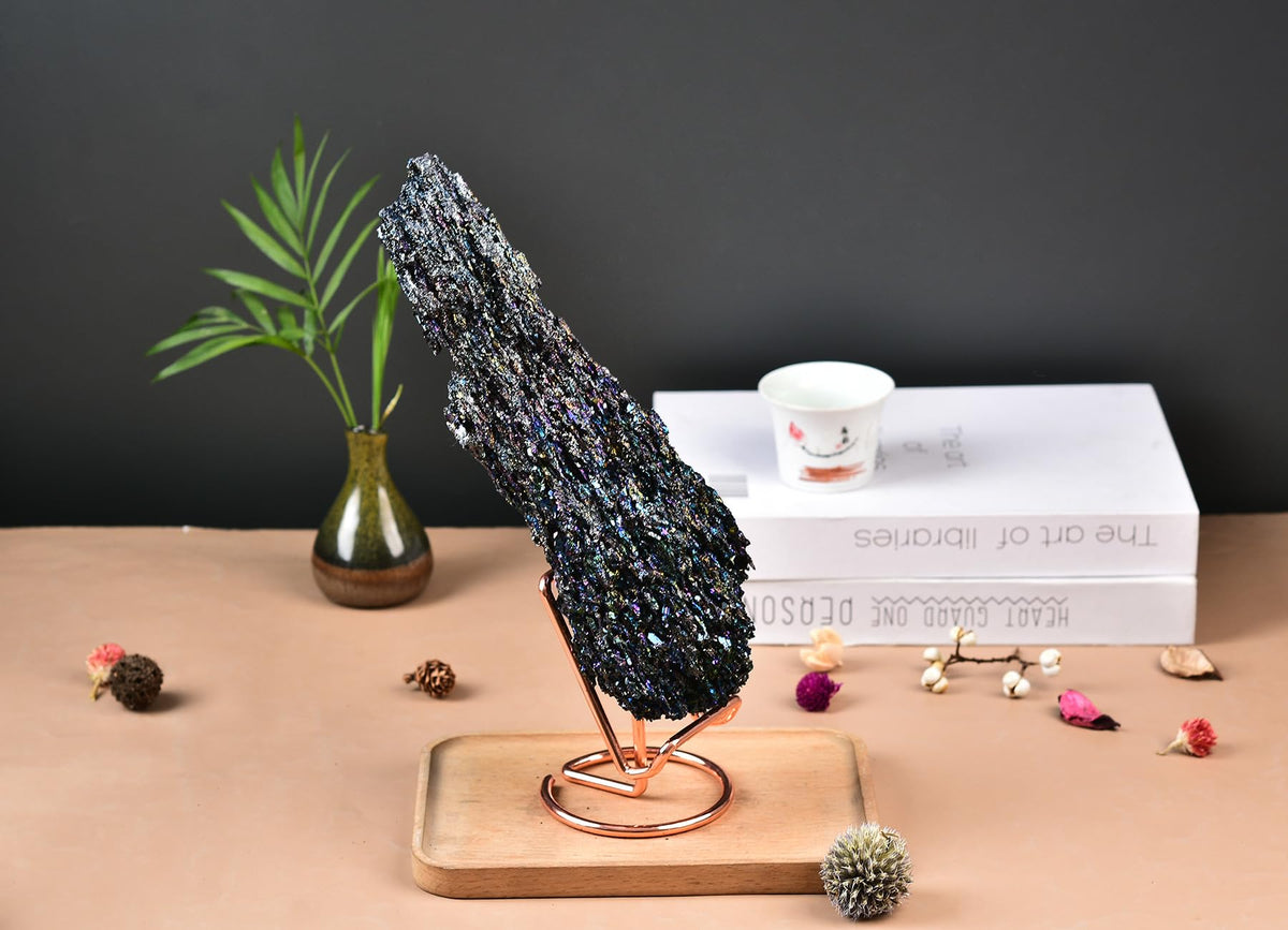 AMOYSTONE Natural Raw Carborundum (Rainbow) Heavy 2-2.8 lb Mineral Collection for Home Office Shelf Decor & Gift for Crystal Enthusiasts with Holder