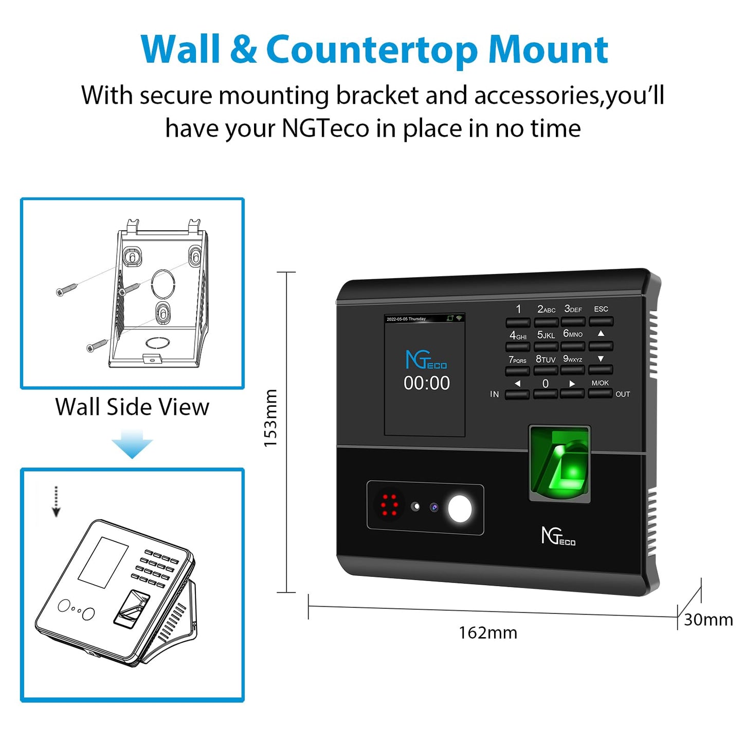 NGTeco Time Clock for Small Business, 4-in-1 Employee Attendance Machine with Face, Fingerprint, RFID Card & PIN Code, 2.4GHz WiFi, Mobile App Control for iOS Android, Shift Management, No Monthly Fee