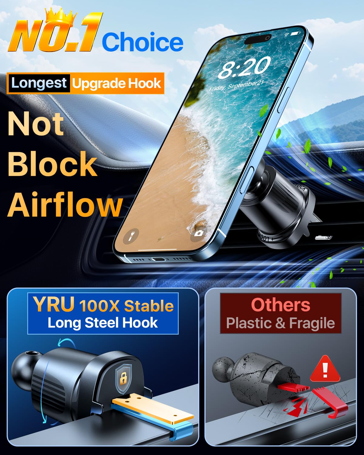 YRU [2026 Military-Grade] for Magsafe Car Mount [90+LBS Strong Suction] 360° Adjustable Magnetic Phone Holder for Car Dashboard Windshield Vent, Cradle for iPhone 17 16 15 14 13 12 Samsung, Black