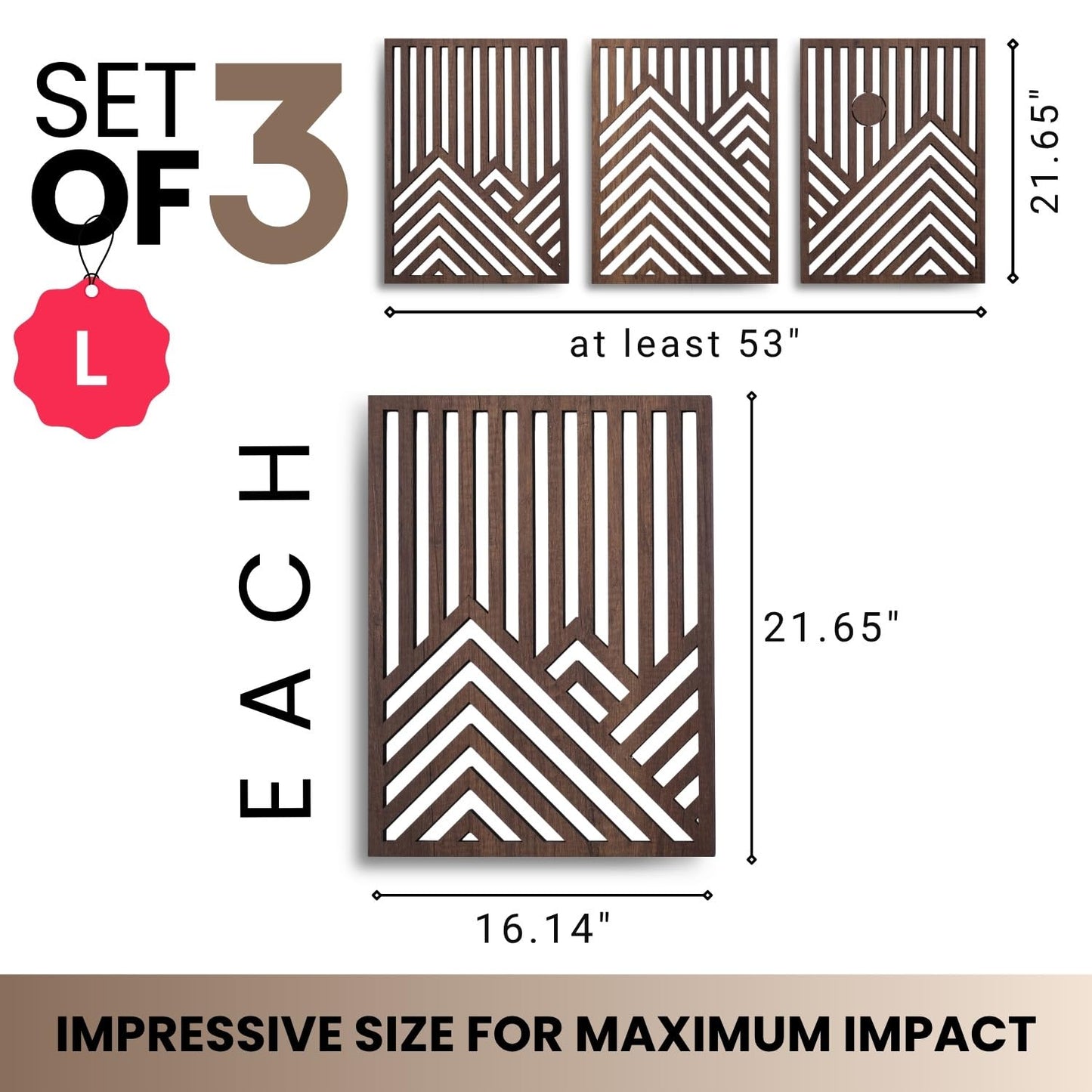 qmmp Modern Wooden Wall Sculptures - Set of 3 - Home Decor Accent - Large Wall Art for Living Room, Bedroom, Office - Easy Installation (Walnut, Large - Mountain and Sun, Unframed)