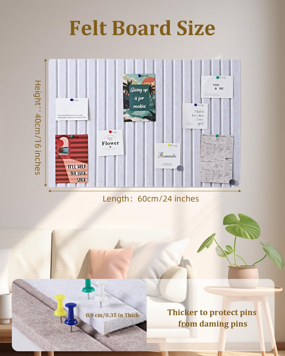 Rokeblau 24 x 16 inches Large Bulletin Board, Decorative Felt Pin Board, 0.35“ Thick Foldable Photo Display Board with Self-Adhesive Tape, Vision Board for School Home Kitchen Office Walls - Beige