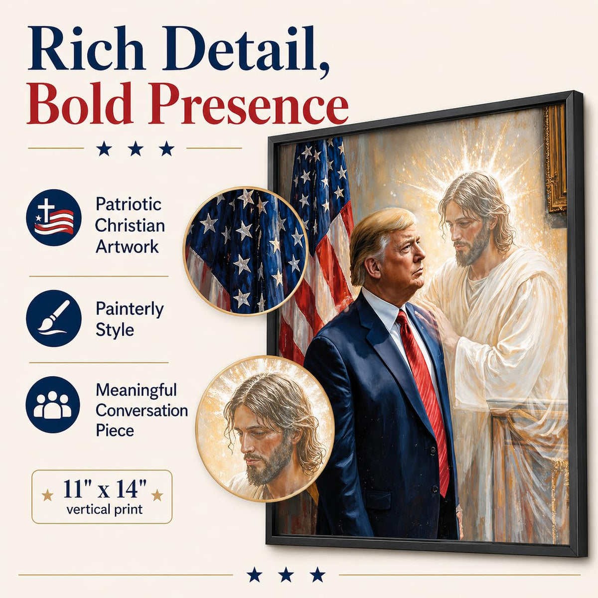 The Grace of God: Jesus & Trump Inspirational Painting 11x14 Unframed Poster - Religious Art Faith Leadership MAGA American Flag Patriotic Artwork for Home Office, Living Room, Conservative Christians