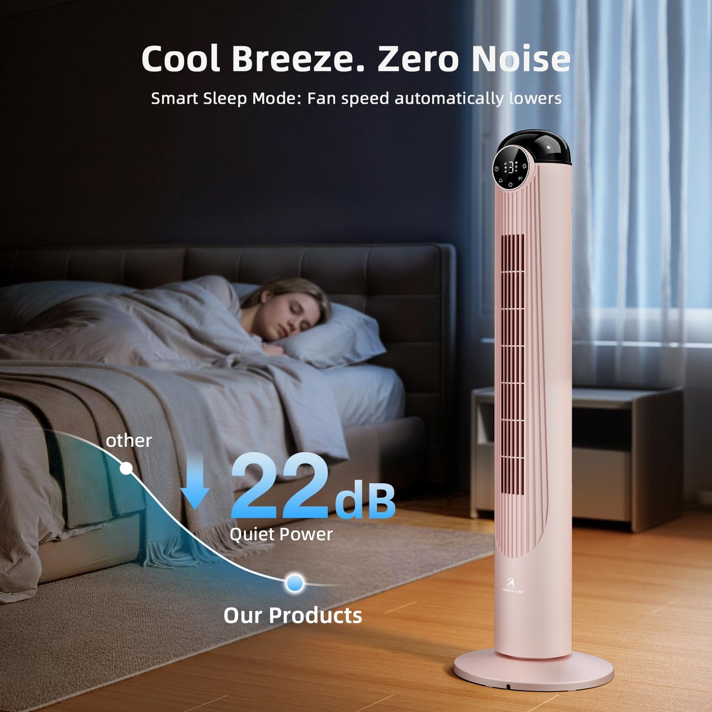 Antarctic Star T42 Tower Fan-42 Inch, Bladeless Oscillating Fan with Remote, 6 Speeds & 4 Modes, LED Display, 9H Timer, Quiet Floor Standing Fan for Bedroom Living Room Office, Pink
