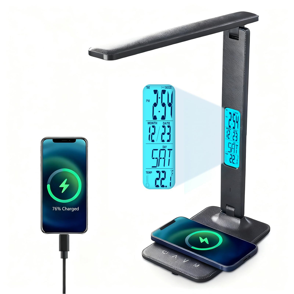 M-Xeotei LED Desk Lamp with 10W Wireless Charger & USB Port, Eye-Caring Dimmable Touch Control Lamp with Clock Display, Adjustable Foldable Arm, 5 Brightness & 3 Color Modes for Home Office Study