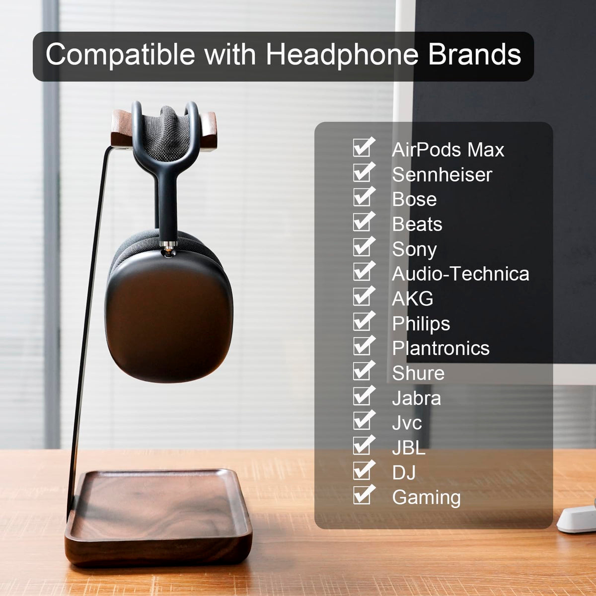GEVO Walnut Headphone Stand, Wood Headset Stand for Desk, Universal Headphone Holder Gaming Headset Rack with Storage Base Compatible for AirPods Max, Bose, Razer, Sennheiser, Jabra, JBL, AKG