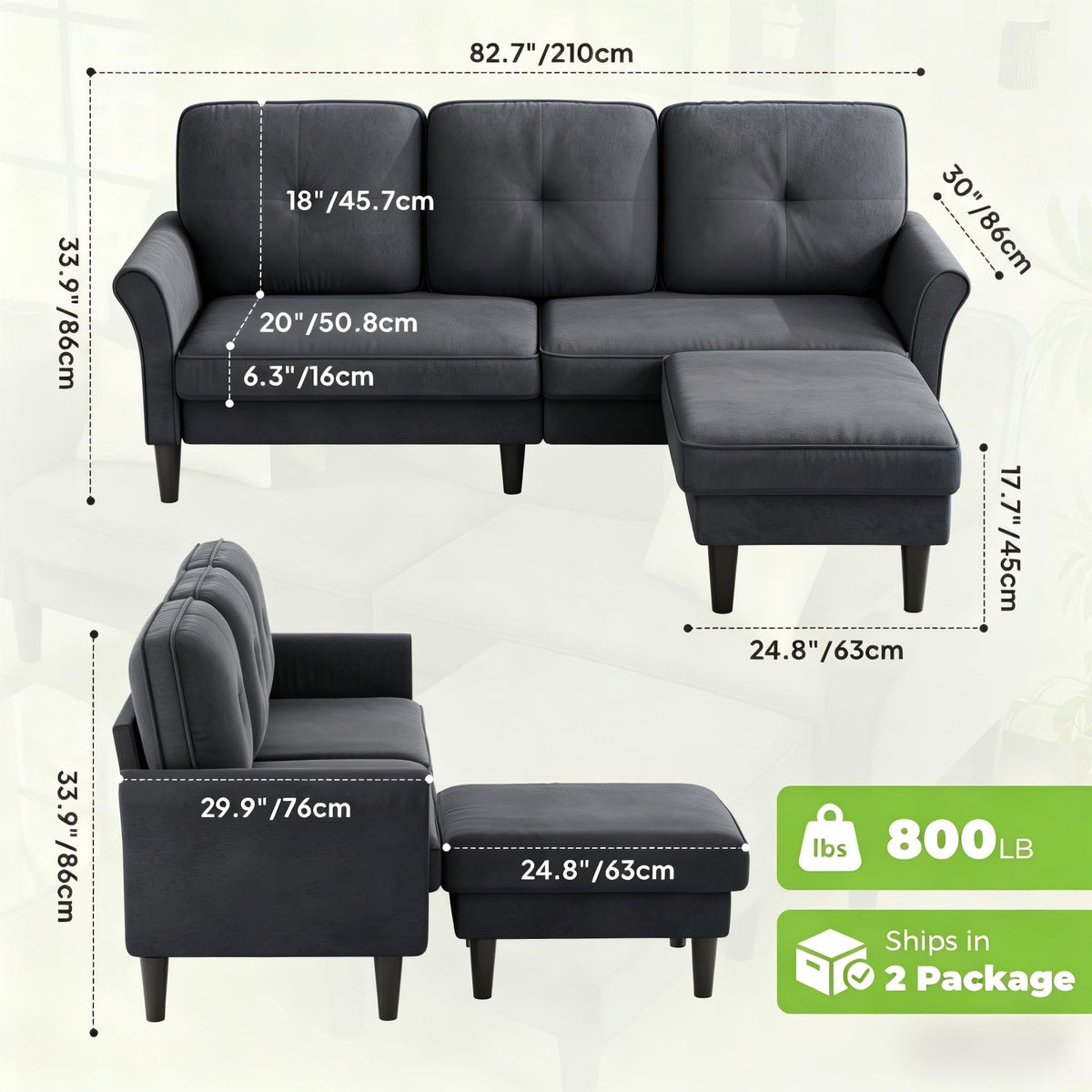 Welzona Sofas for Living Room, 83" Velvet Sectional Couch with Moveable Ottoman, Midcentury Modern Small Sectional Couch, L Shape Sofa & 3 Seater, Couches for Living Room, Apartment, Bedroom, Grey