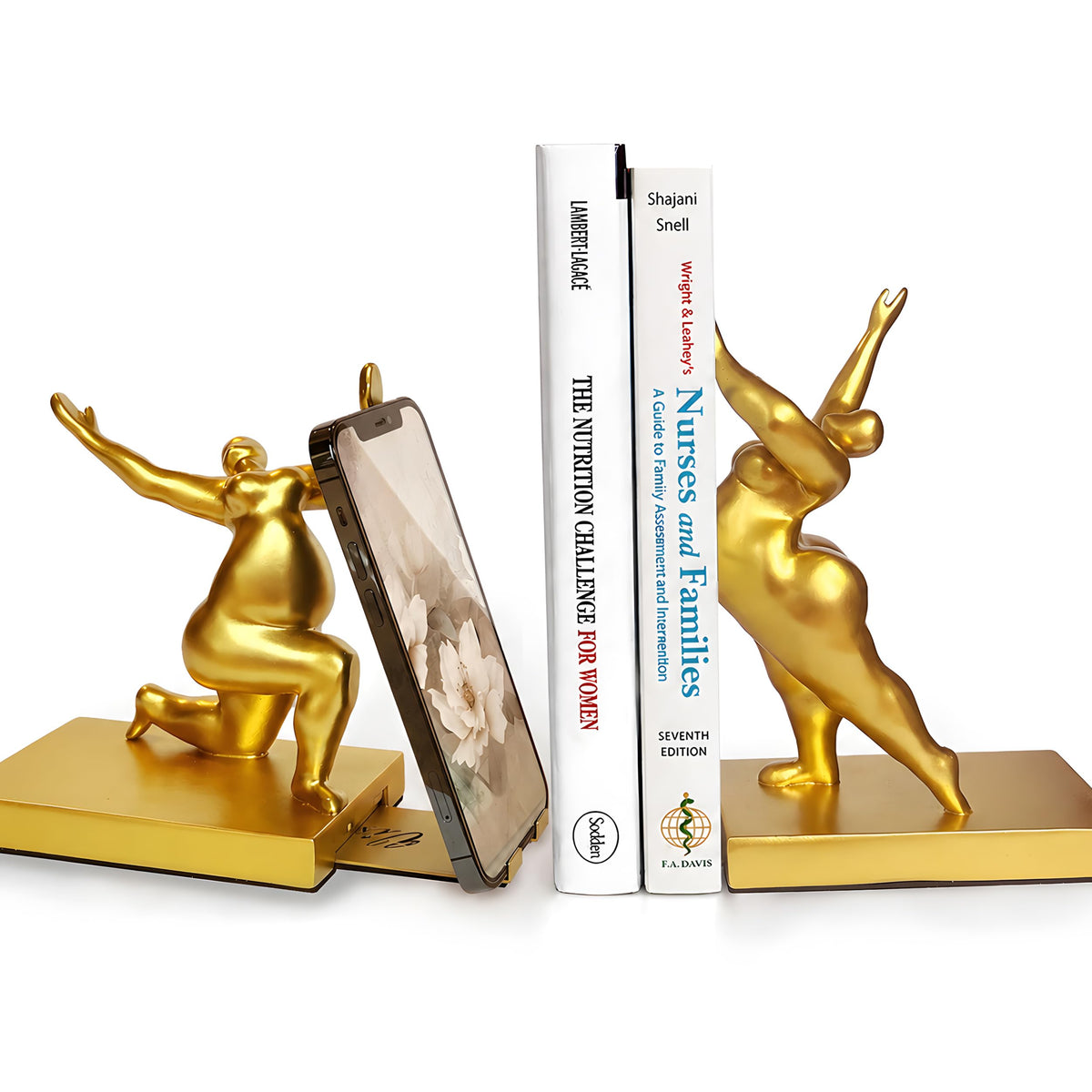 Decorative Bookends Set of 2 – Modern Sculptural Art Book Ends with Adjustable Magnetic Phone & Tablet Holder – Premium Resin with Metal Plate – Contemporary Home & Office Decor – Metallic Gold