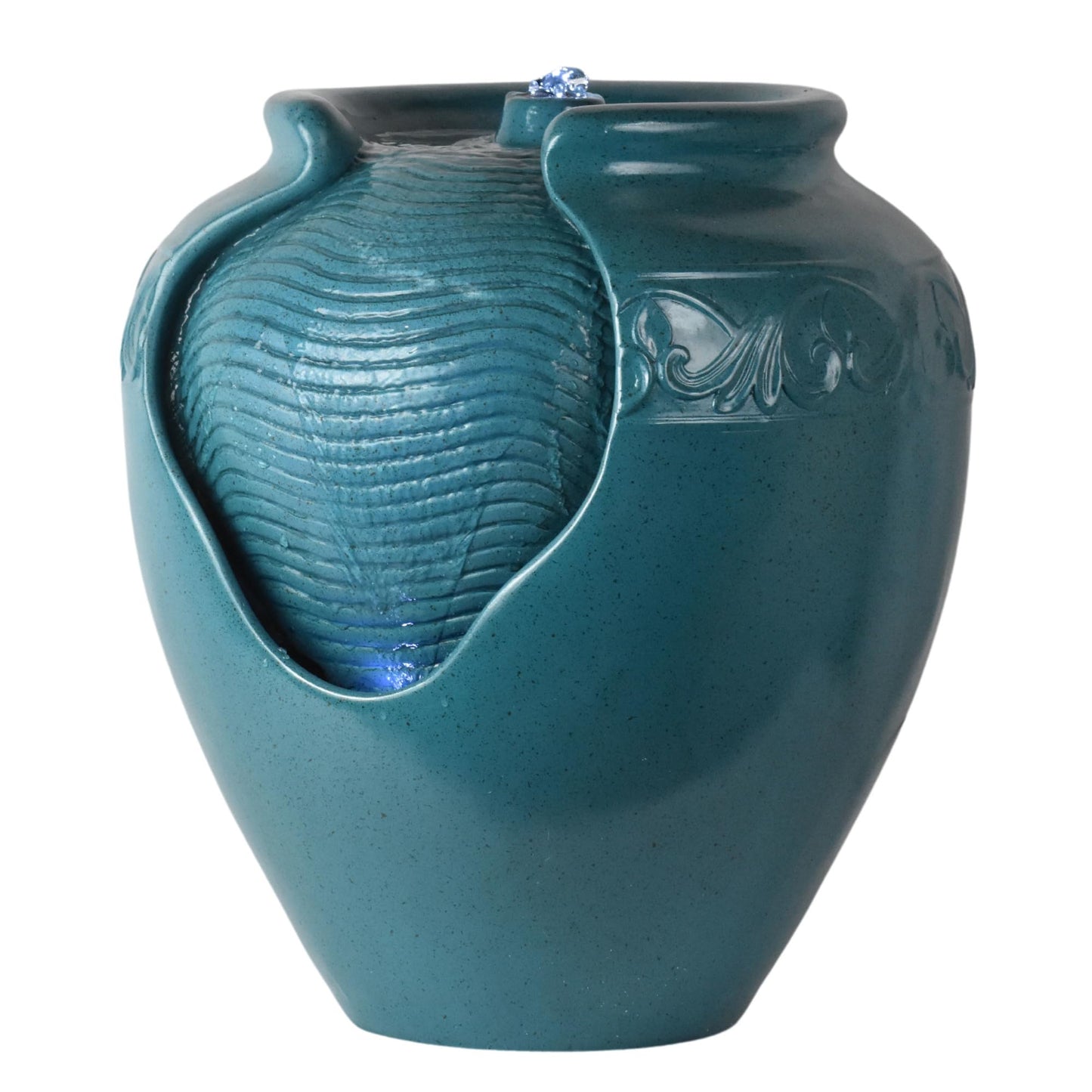 Teamson Home Floor Glazed Pot Water Fountain with Built-in LED Light and Pump for Outdoor Indoor Patio Garden Backyard Decking Home Décor, 17 inch Height, Teal