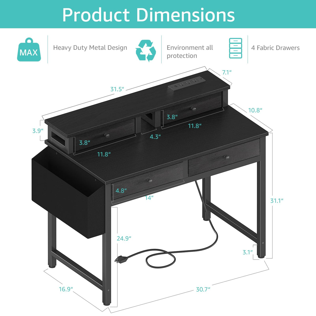 Lufeiya Small Desk with Drawers for Home Office Bedroom, 31 inch Black Writing Study Desks with Fabric Drawers Storage, Gaming Desk Table with Power Outlet & Monitor Stand, Black