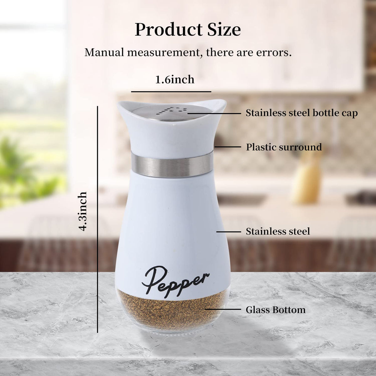 2 Pack Salt and Pepper Shakers Set, Refillable Salt Pepper with Stainless Steel Lid Container Spice Shakers Bottle for Home Kitchen, Restaurant, Picnic (White)