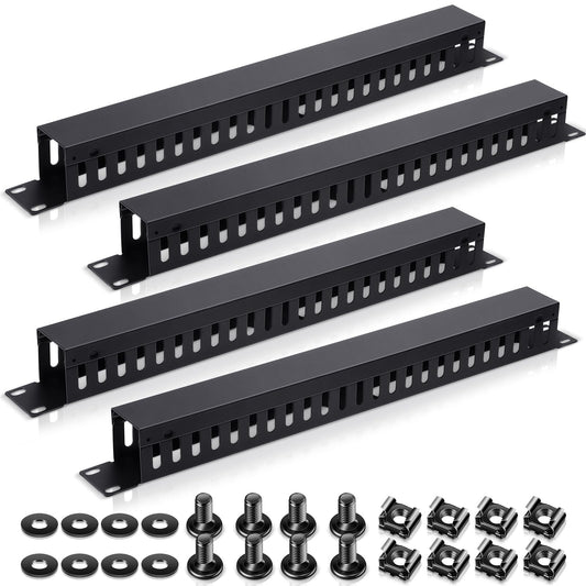 Leinuosen 4 Pcak 1U 19'' Cable Manager 24 Slot Horizontal Rack Mount Wire Management Server Rack Management Metal Finger Duct Wire Organizer with Cover and Mounting Screws for Network Cabinet