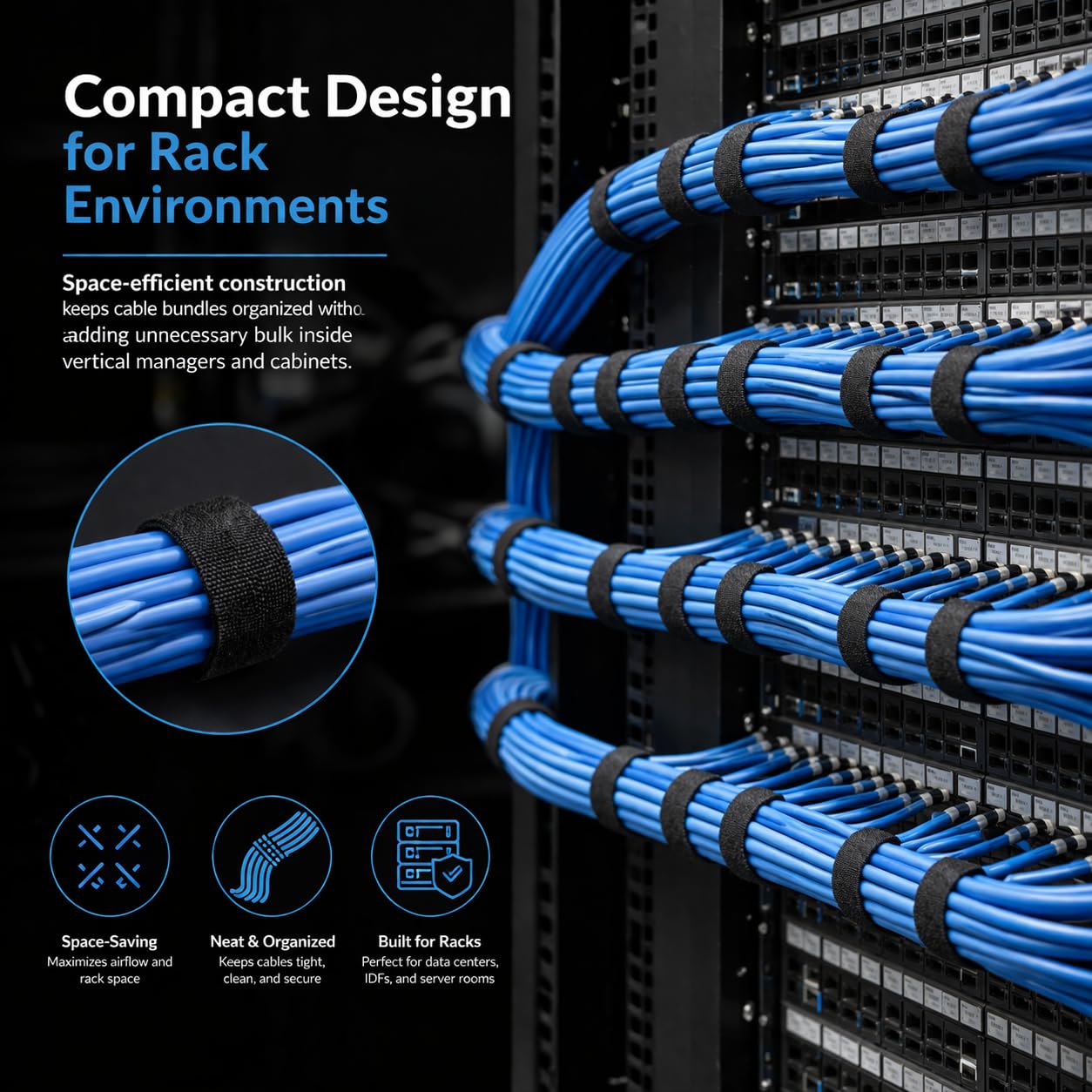 10 Self-gripping Rolls Designed for IDF, Server Racks & Data Centers | Structured Cabling | Cable Wrap for Fiber Optic Cable and Tenecom Cable System Installs (Black)