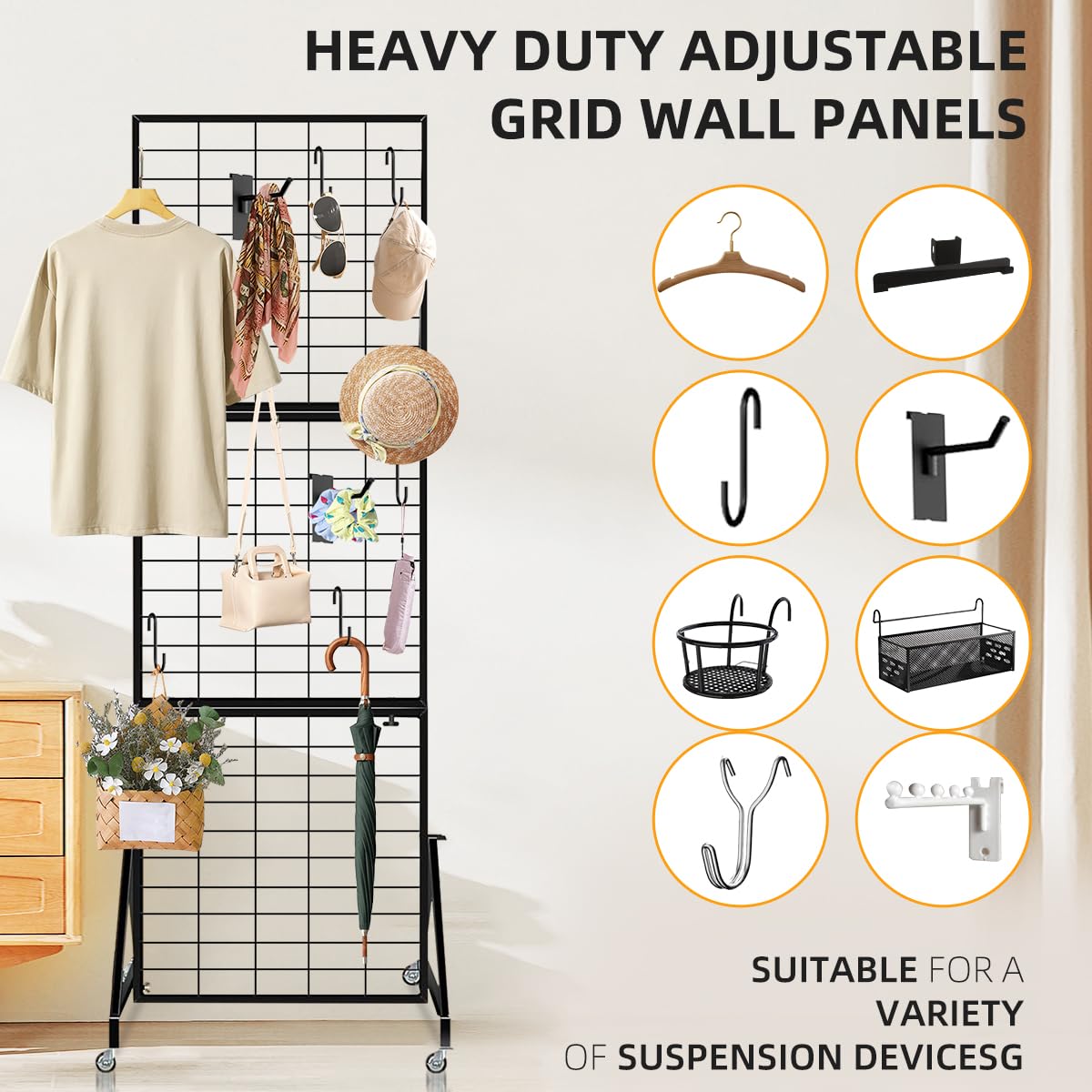 ZERTNROW Heavy Duty Adjustable Grid Wall Panels, Foldable Gridwall Panels with Braked Wheels-Included 24 Hooks，Suitable for Art Fairs Craft Display Retail Storage