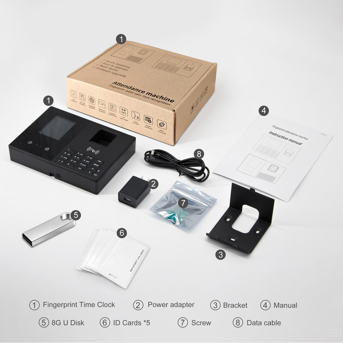 JIAN BOLAND Employee Time Clock, Fingerprint Badge Attendance Machine, 0 Monthly Fee Office Punch Clock for Small Business, 5 Badges Included - T200