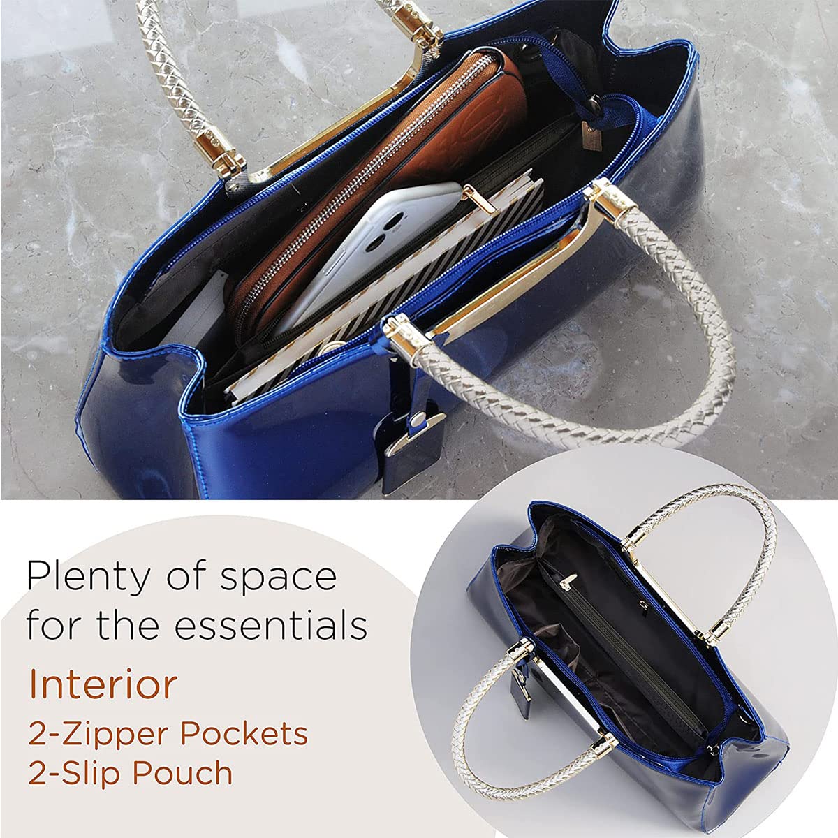XingChen Glossy Women Handbag Faux Patent Leather Top-Handle Bag Structured Shoulder Bag Tote Evening Purse Party Satchel(Blue)