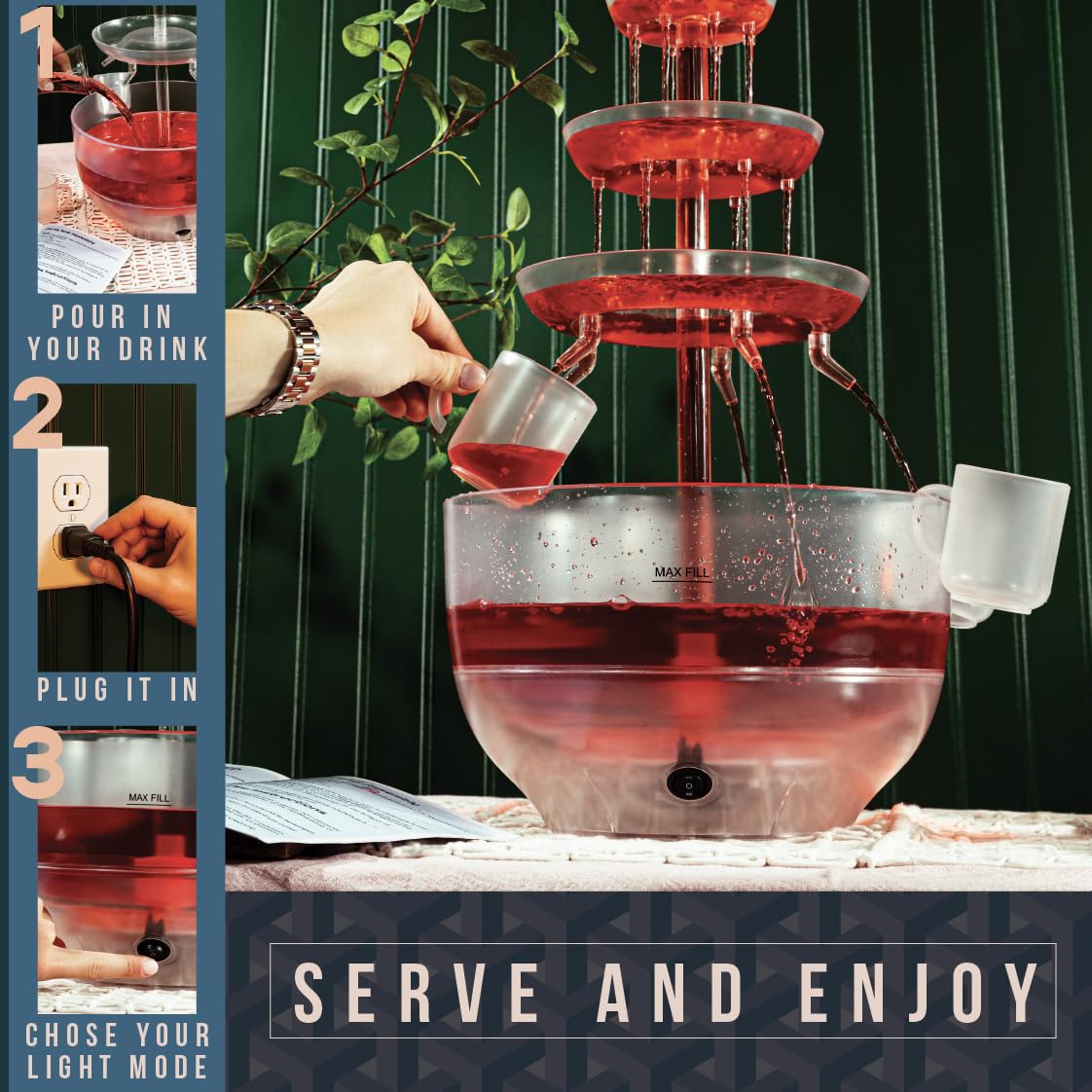 Kusini Drink Fountain for Parties - 1.5 Gal, 3 Tier Punch Bowl Drink Tower, LED Base, 4 Reusable Cups - Drink Dispenser Machine for, Juice, Punch, Pani Puri Fountain for Party Hosting Supplies
