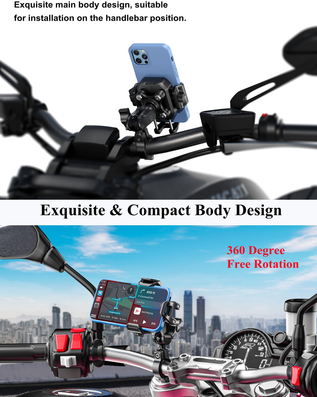 BRCOVAN Anti-Theft Motorcycle Phone Mount with Vibration Dampener, [1s Lock] [Camera Friendly] Handlebar Cellphone Holder for Bike Bicycle Scooter ATV, Adjustable Size Fit 5.4-7.2" Smartphone