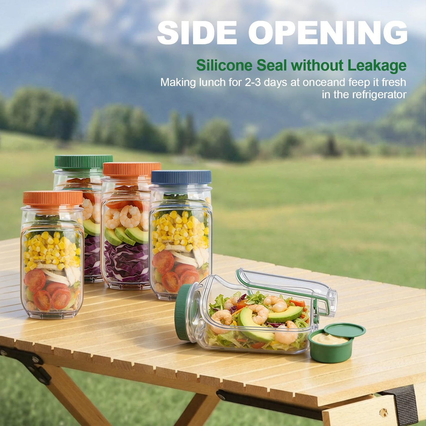Celsisignis Salad Pod, 1000ml Side-Opening Salad Container (Salad Container for Lunch), Lunch Salad Box for Office, Gym, Camping, Outdoor Activities, Gatherings, Various Locations (2, Green & Blue)