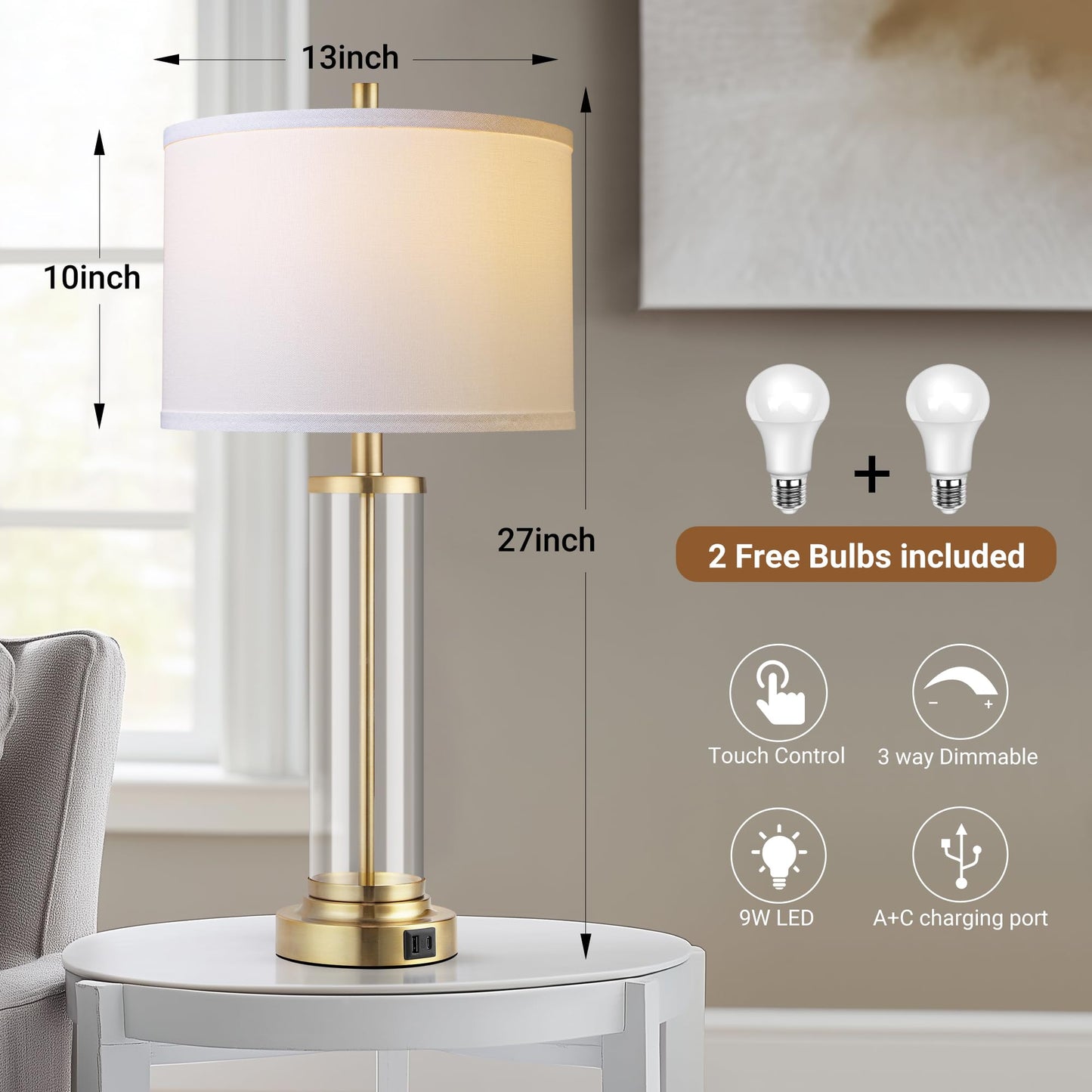 QiMH Lamps for Bedrooms Set of 2, Touch Control Table Lamps with USB A+C Ports, 3-Way Dimmable Bedside Lamp with Fabric Lampshade, Modern Nightstand Lamp for Living Room Bedroom (LED Bulbs Included)