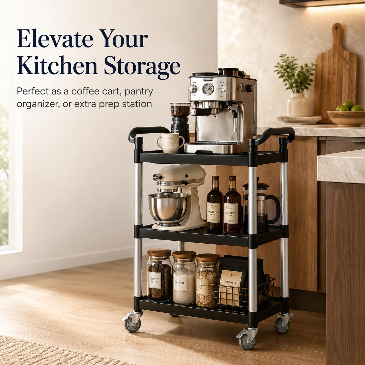 Liboocare 3-Tier Rolling Utility Cart with 2 Locking Brakes, 520 Lbs Heavy Duty 31.5"x15.7"x40.6" Commercial Service Cart, Tangle-Free Silent Wheels for Home, Office, Restaurant, Warehouse, Kitchen