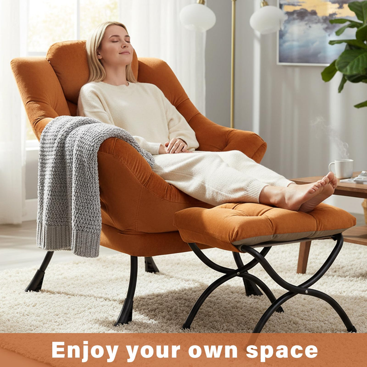 Givjoy Lazy Chair and Ottoman, Large Accent Orange Velvet Chair with Side Pocket, Modern Leisure Upholstered Reading Armchair with Footrest for Office, Bedroom, Living Room, Dorm Rooms, Balcony