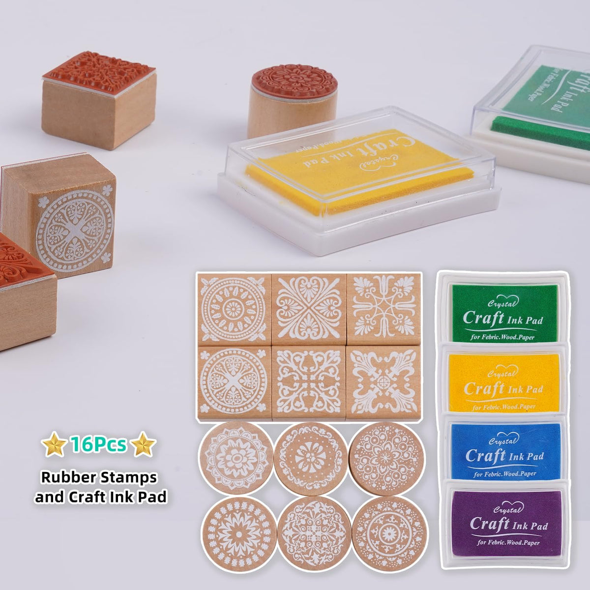 16Pcs Rubber Stamps and Craft Ink Pads, Decorative Wooden Stamps with Ink Pads for Stamps, Wood Stamps for Crafting, Letters, Scrapbooking and DIY Craft Card