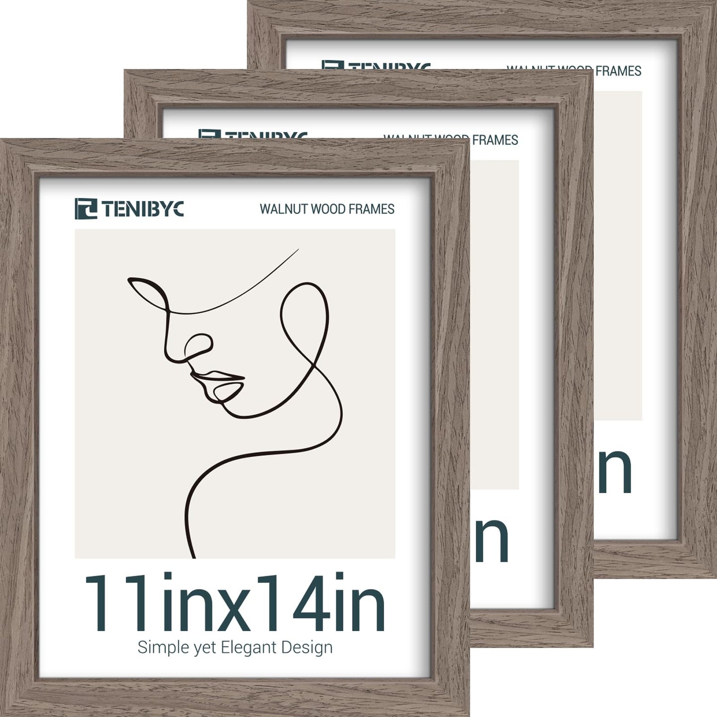 TENIBYC 11x14 Walnut Picture Frame 3 Pack with HD Glass - Natural Brown, Solid Wood Poster Frame, Wall Gallery Frame