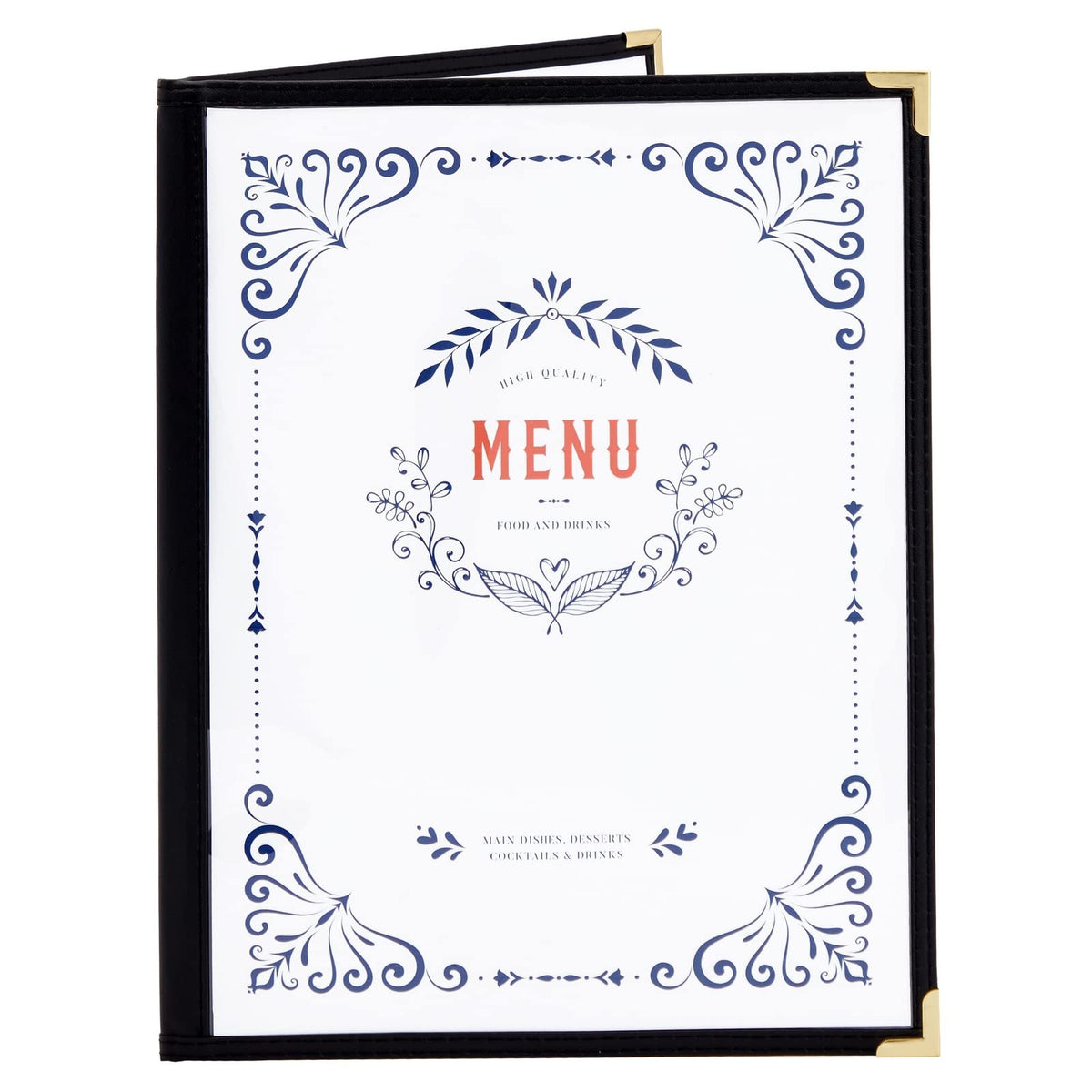 Juvale Clear Menu Covers 8x11 in 4 View - 12-Pack, Letter Size Black PU Leather - Double Panel Clear Sleeves & Gold Metal Corners - Menu Holders for Restaurants & Bars