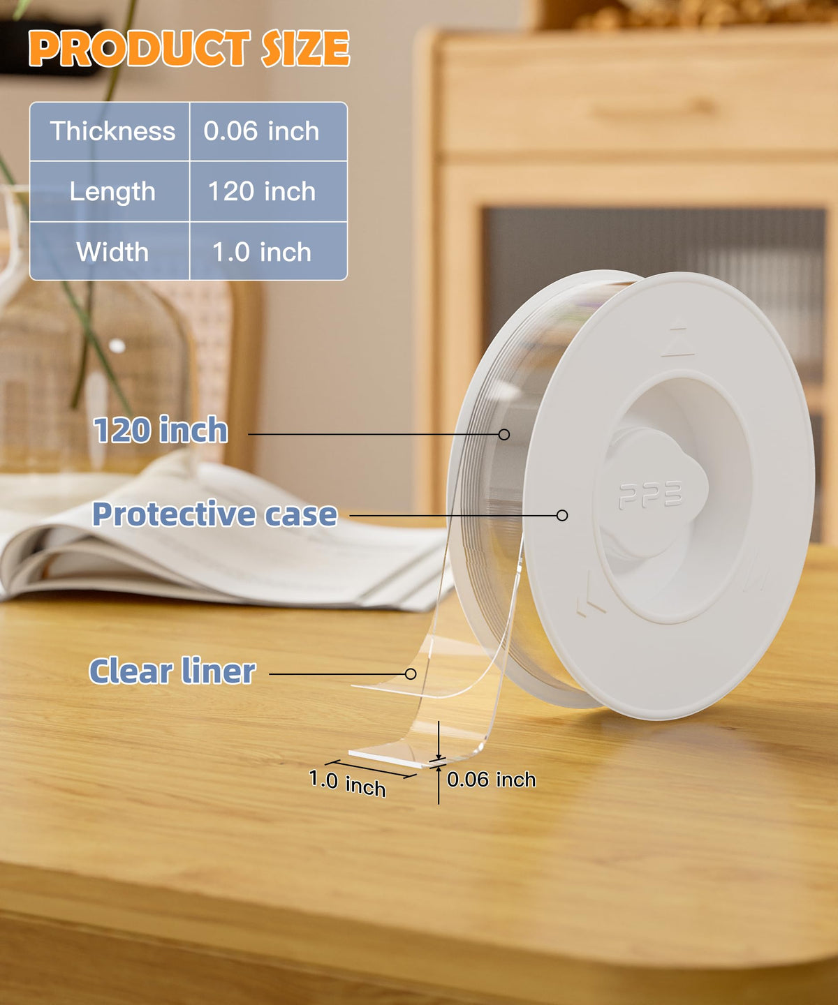 PPB Double Sided Mounting Tape, Clear Heavy Duty Nano Adhesive Tape with Protective Case, Removable Reusable Wall Tape for Home, Office, Car, Glass, Tile, Smooth Surfaces, 1 in x 10FT