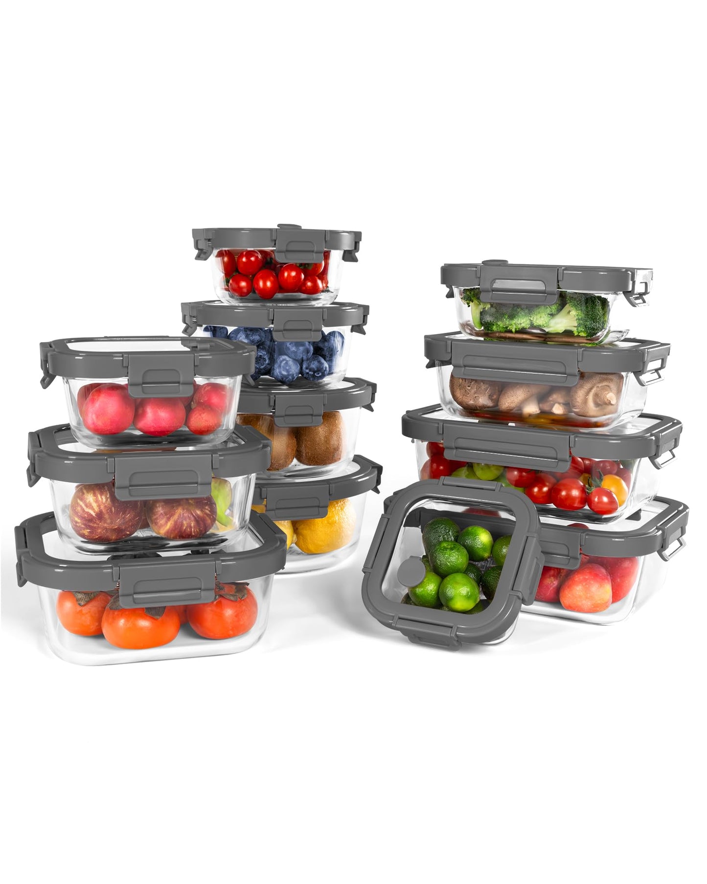 BOROHOUSE 12-Pack Glass Containers with Tempered Lids – Borosilicate, Oven-Safe(-4°F~950°F), Airtight, BPA-Free, Multi-Size for Meal Prep, Dishwasher Safe, 1.6 cups to 6.4 cups (Gray)