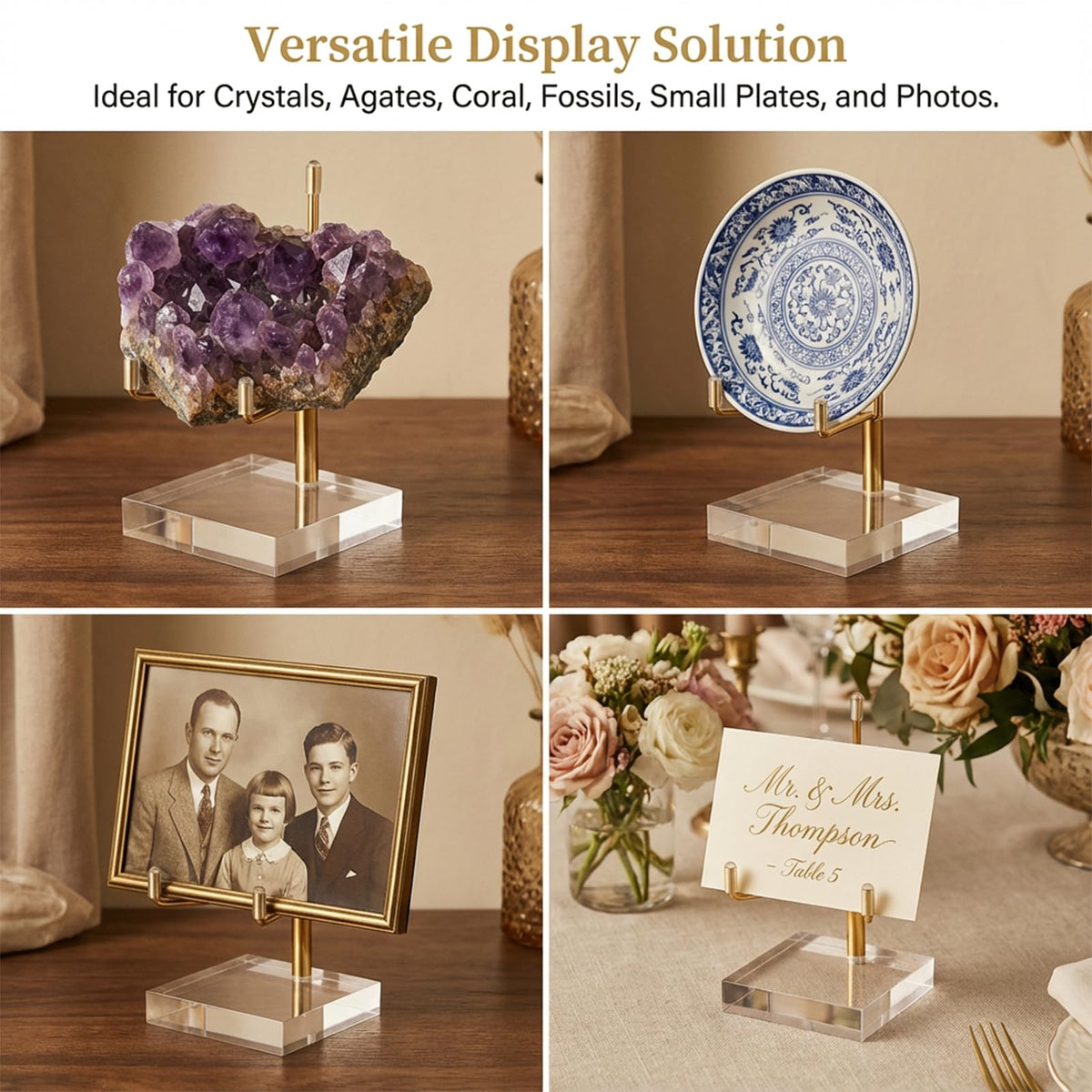Oqqlin 12 Pcs Crystal Display Stand, 2 x 2 x 3.5 Inch Gold Rock Crystal Stand with Acrylic Base Adjustable Metal Arm Display Stands for Mineral, Agate, Geode, Picture