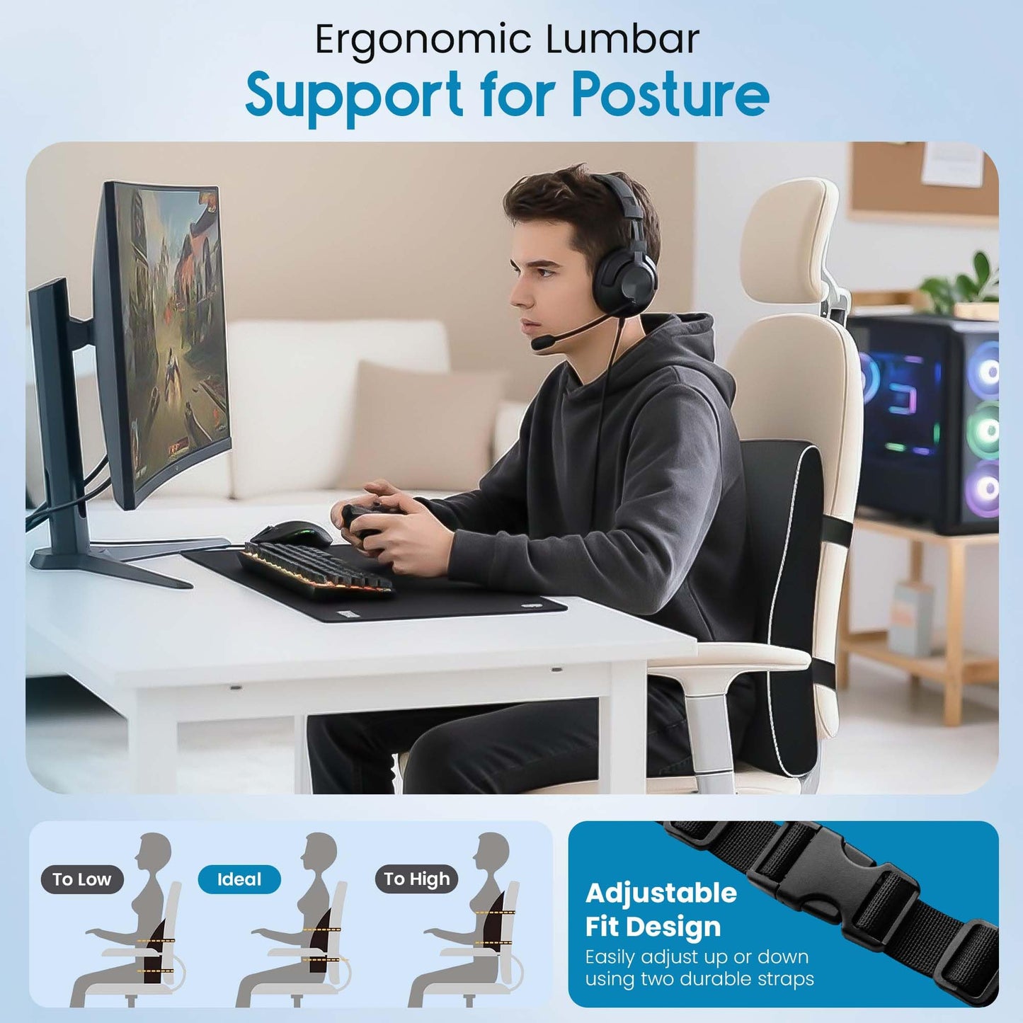 RUKHS SUPPLY Lumbar Support Pillow for Office Chair and Car, Premium Memory Foam Back Cushion for Back Pain Relief Improve Posture Ergonomic Cushion with Breathable Mesh Cover and Adjustable Straps