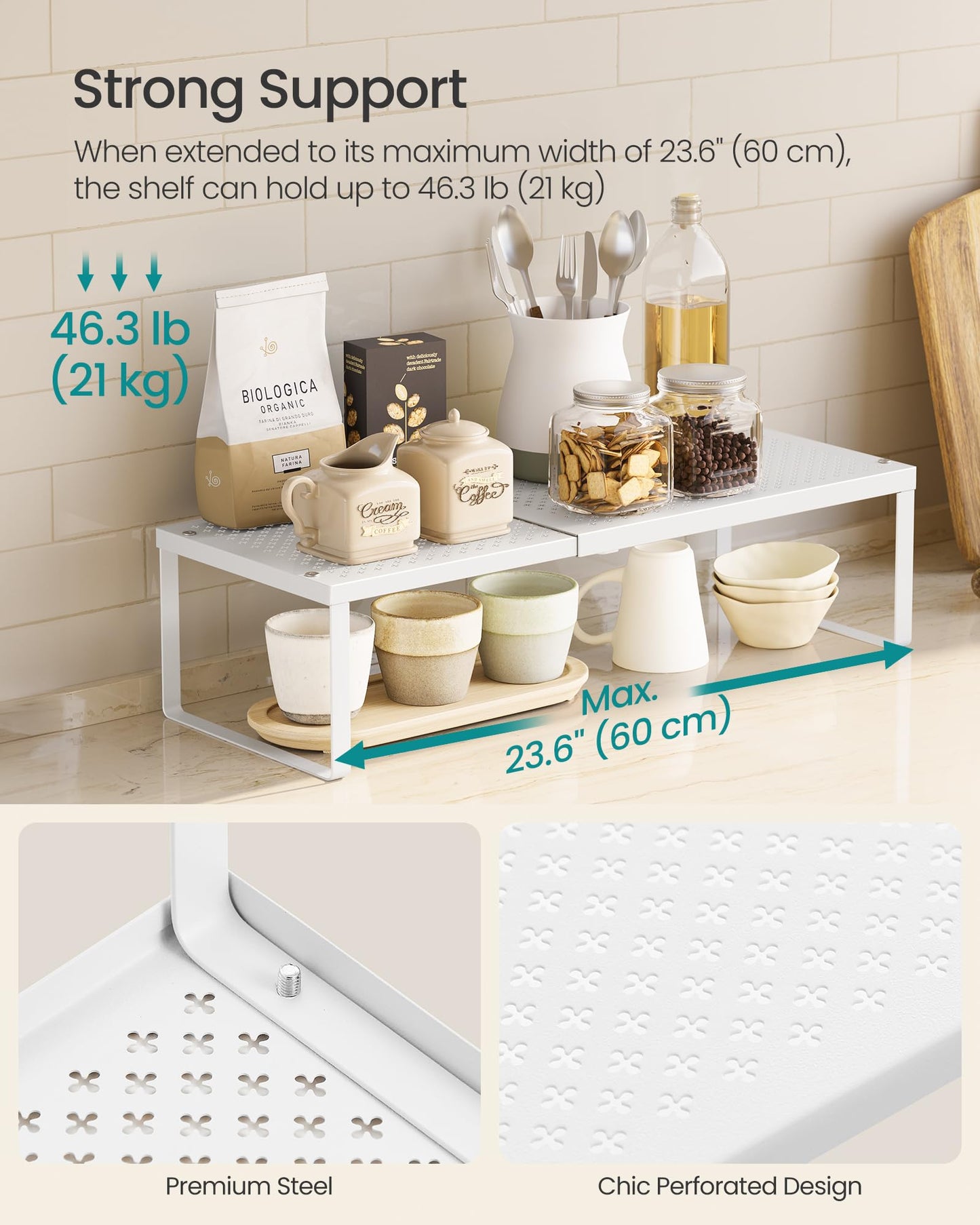 SONGMICS Spice Racks, Set of 2 Expandable Kitchen Countertop Shelves, Small Cupboard Organizers, Metal, Space-Saving Tabletop Shelves, Matte White UKCS402W01