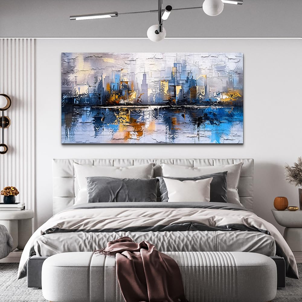KELIYUAN Abstract City Oil Painting Large Home Decor Mural Living Room Bedroom Modern Printed Canvas Wall Art Yellow Blue Graffiti Mural Office Corridor Can Be Directly Hung Wall Decor 24 X 48 In