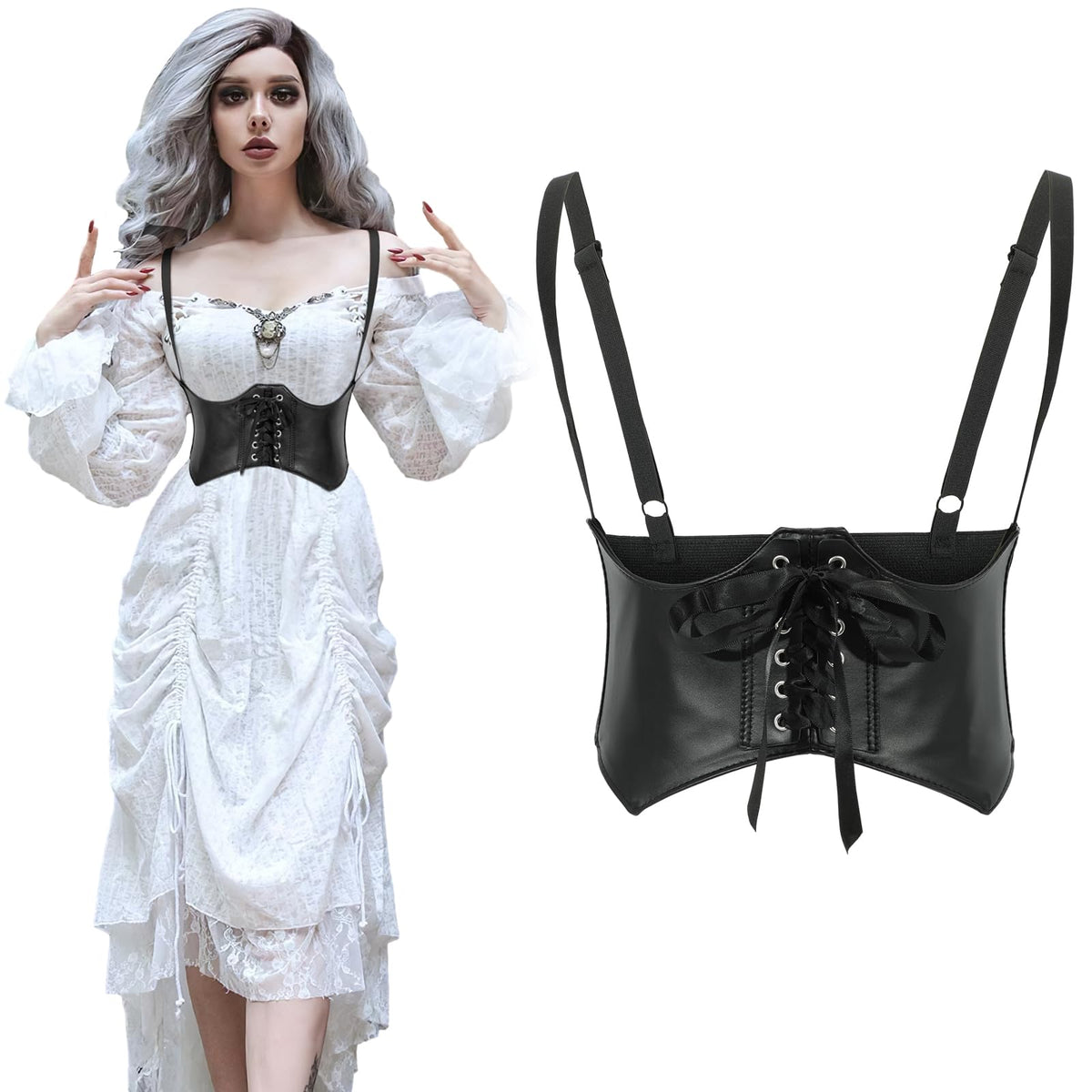 SUOSDEY Women Underbust Corset Belt Elastic Faux Leather Steampunk Renaissance Goth Corset Vest with Straps