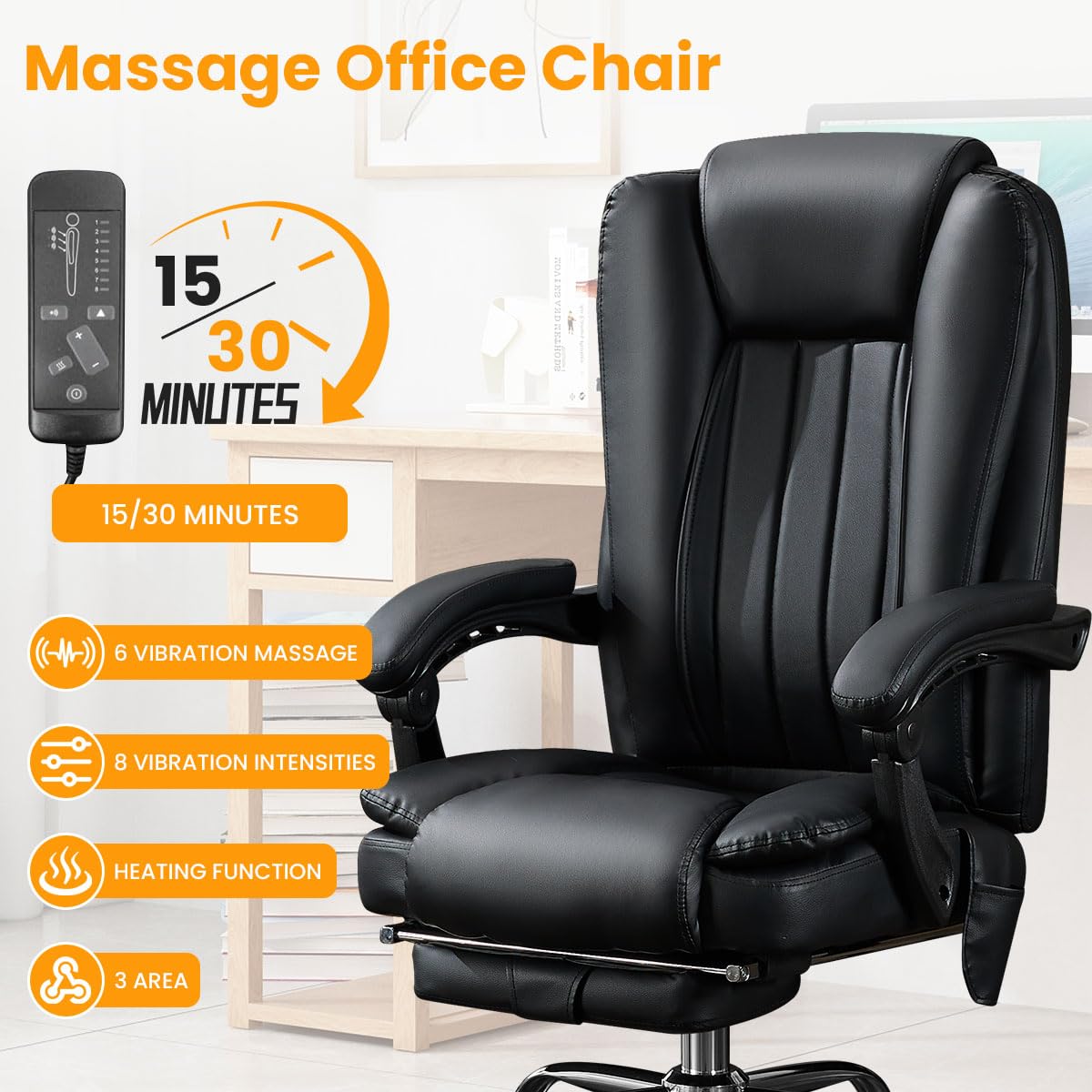 6 Points Vibration & Heat Massage Office Chair with Foot Rest,500lbs Big and Tall Office Chairs,Ergonomic Reclining Desk Chair for Home Office,Gaming