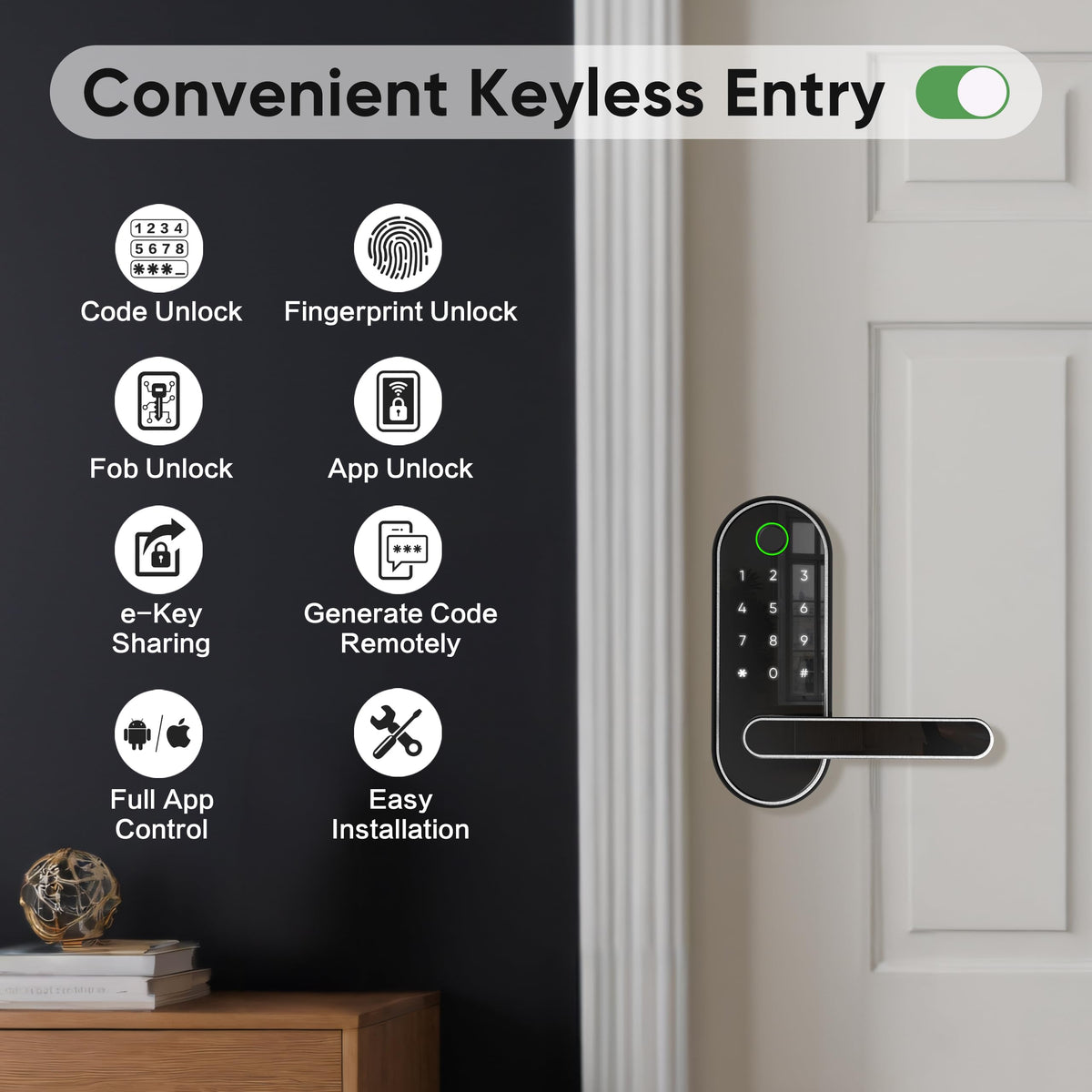 Keyless Entry Fingerprint Digital Smart Lock with Handle & Keypad: Electronic/Electric Lock with Code, App Control Biometric Deadbolt Door Knob for Front, Interior, Exterior & Bedroom Door (Silver)