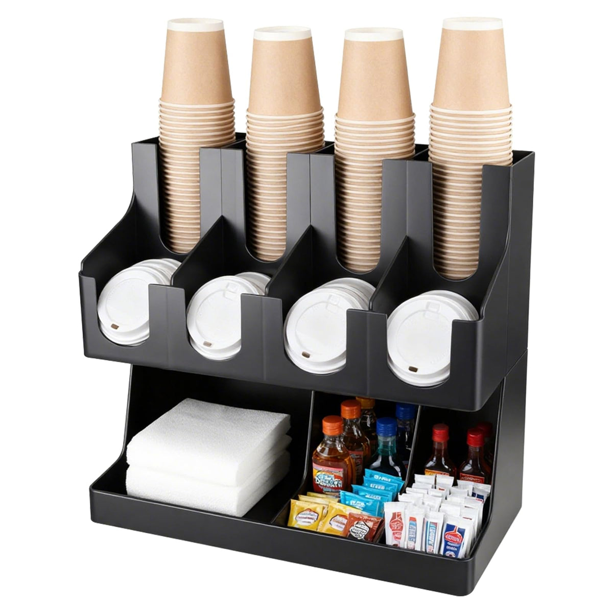 WELKOR Commercial Cup and Lid Holder with Straw Organizer,Disposable Coffee Cup Condiment Dispenser for Countertop Org, Coffee Bar, Beverage Cup, Kitchen, Breakroom (11 Compartment Upright)