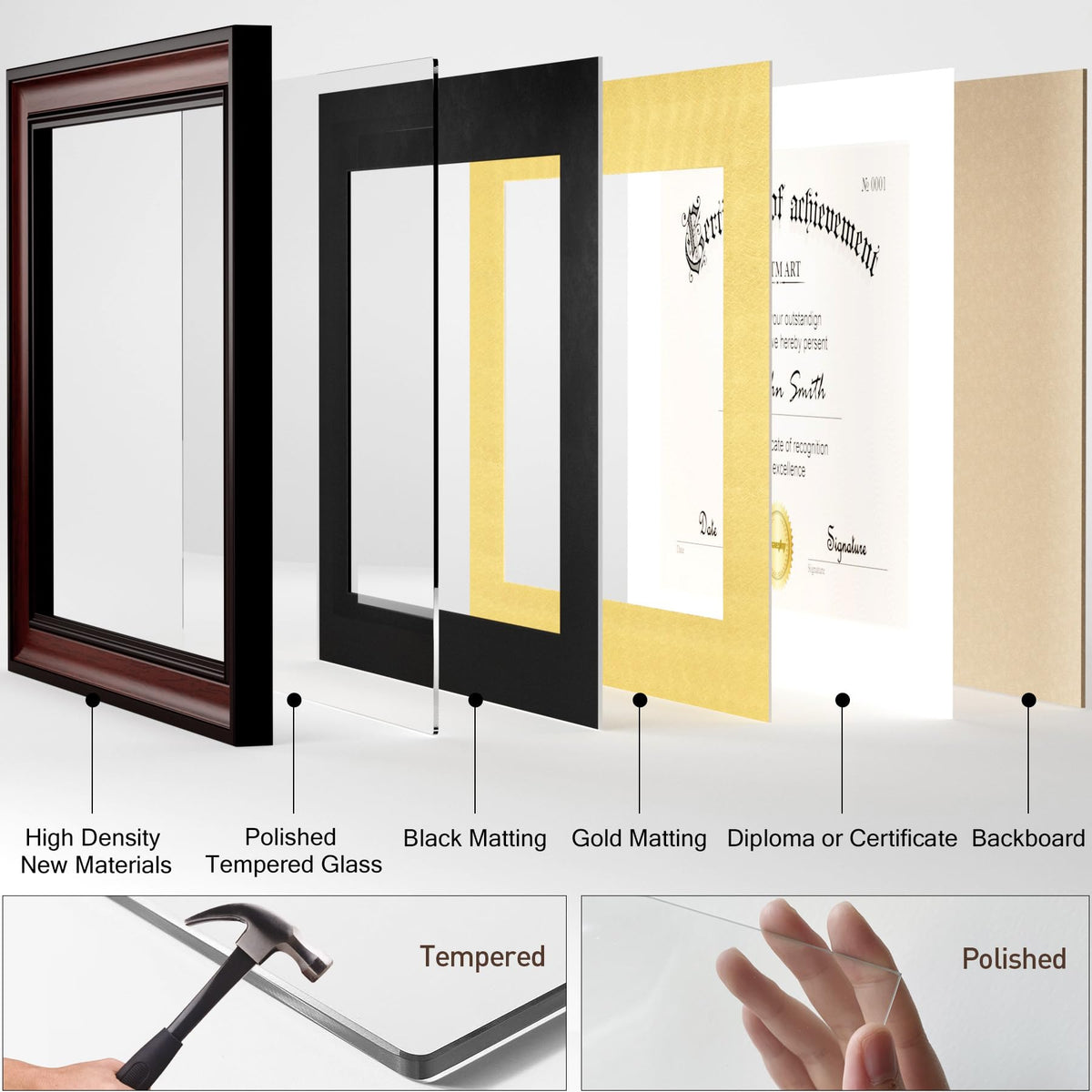 Yaetm 11x14 Diploma Frame, Certificate Frame with Tempered Glass, Display 8.5x11 Document with Black Over Gold Acid-free Mat or 11 x 14 without Mat, Wide Molding (Single, Mahogany)