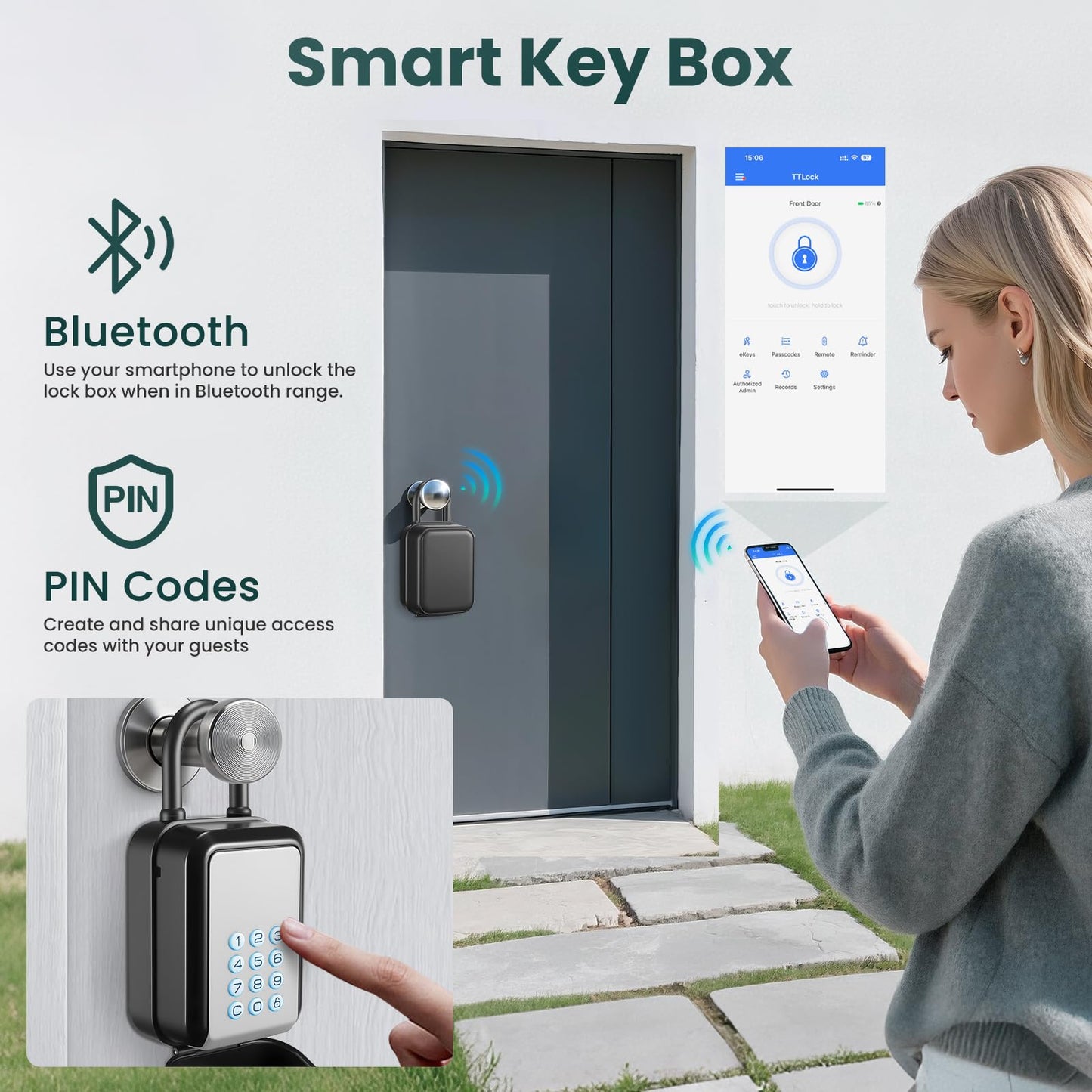 Thlevel Smart Key Lock Box Electronic Bluetooth Lock Box with TTLOCK APP Control & PIN Code Types,Share eKey Lock Box for Airbnb Realtor House Office with Removable Shackle