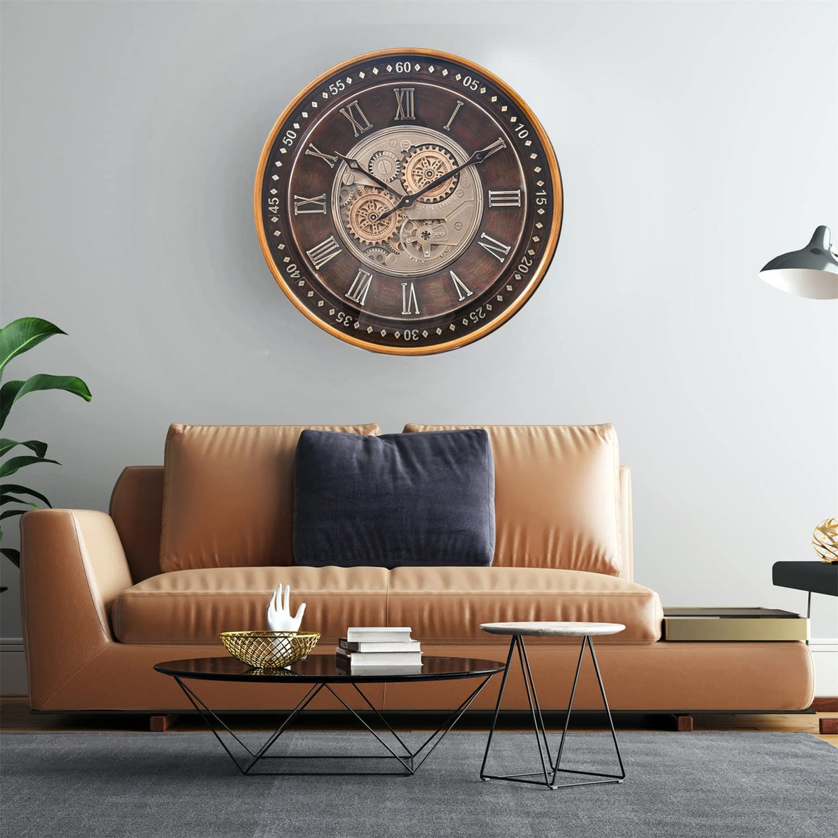 CLXEAST 24 Inch Wall Clock with Moving Gears,Oversized Large Industrial Steampunk Style, Antique Gold Metal Roman Numeral Wall Clocks for Farmhouse Living Room Decor
