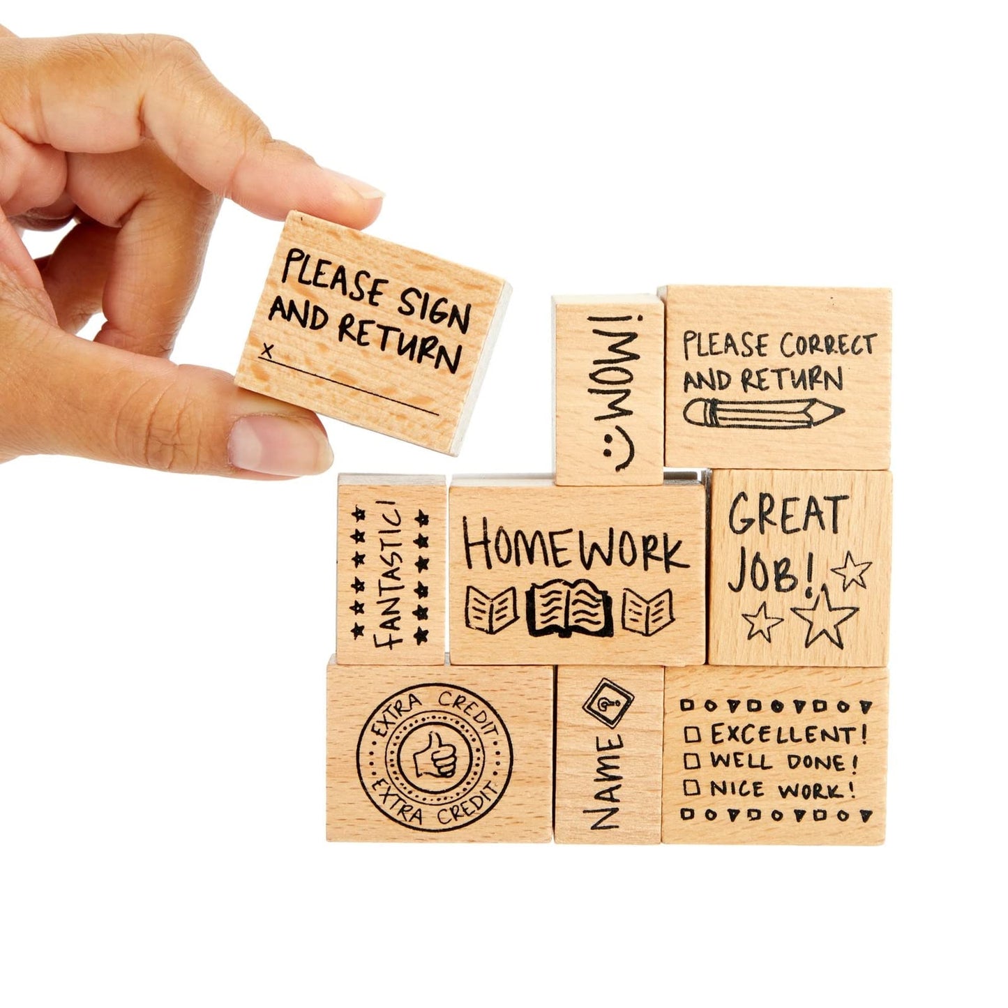 Blue Panda 9 Piece Set of Wooden Rubber Teacher Stamps - Classroom Supplies for Grading Homework and Teacher Supplies (Assorted Sizes Rubber Stamps)
