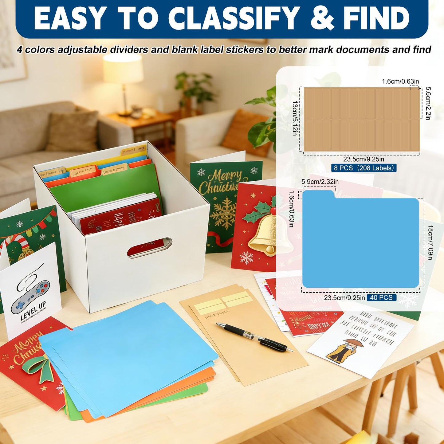 Greeting Card Organizer, 6 Pack Greeting Card Storage Box Holds over 1200 Cards, Greeting Cards Box with 40 Dividers and 208 Self-adhesive Labels, Card Organizer for Photo, Crafts, Envelope, Scrapbook