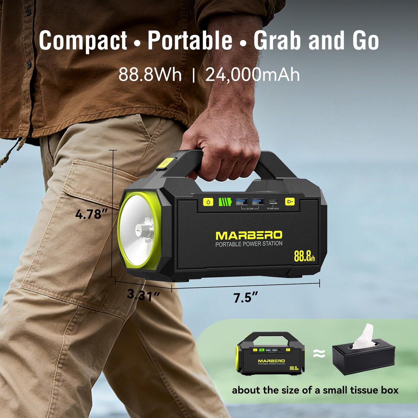 MARBERO Portable Power Station 88.8Wh Camping Portable Charger with Flashlight High Lumens Fast Charging Power Bank with AC Outlet 100W (150W Surge) for Hiking Hurricane Backup Emergencies