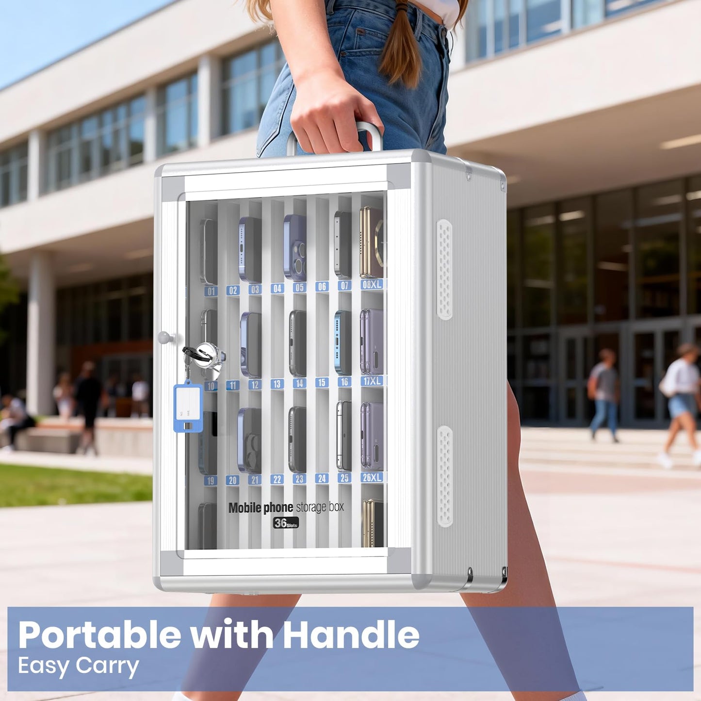 Lockbako 36 Slots Cell Phone Locker for Classroom, Portable Mobile Phone Storage Box with 【2 Different Size Slots】, Phone Lock Box Wall Mounted (Silver)