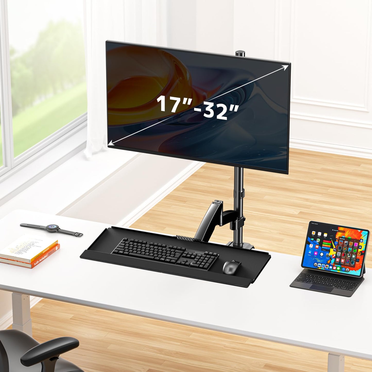 PUTORSEN Sit Stand Monitor Desk Mount for 17-32 inch Screens, Height Adjustable Full-Motion Articulating Arm with Keyboard Tray,19.8 lbs Monitor & 2.2lbs Tray Capacity, C-Clamp & Grommet Mount,Black